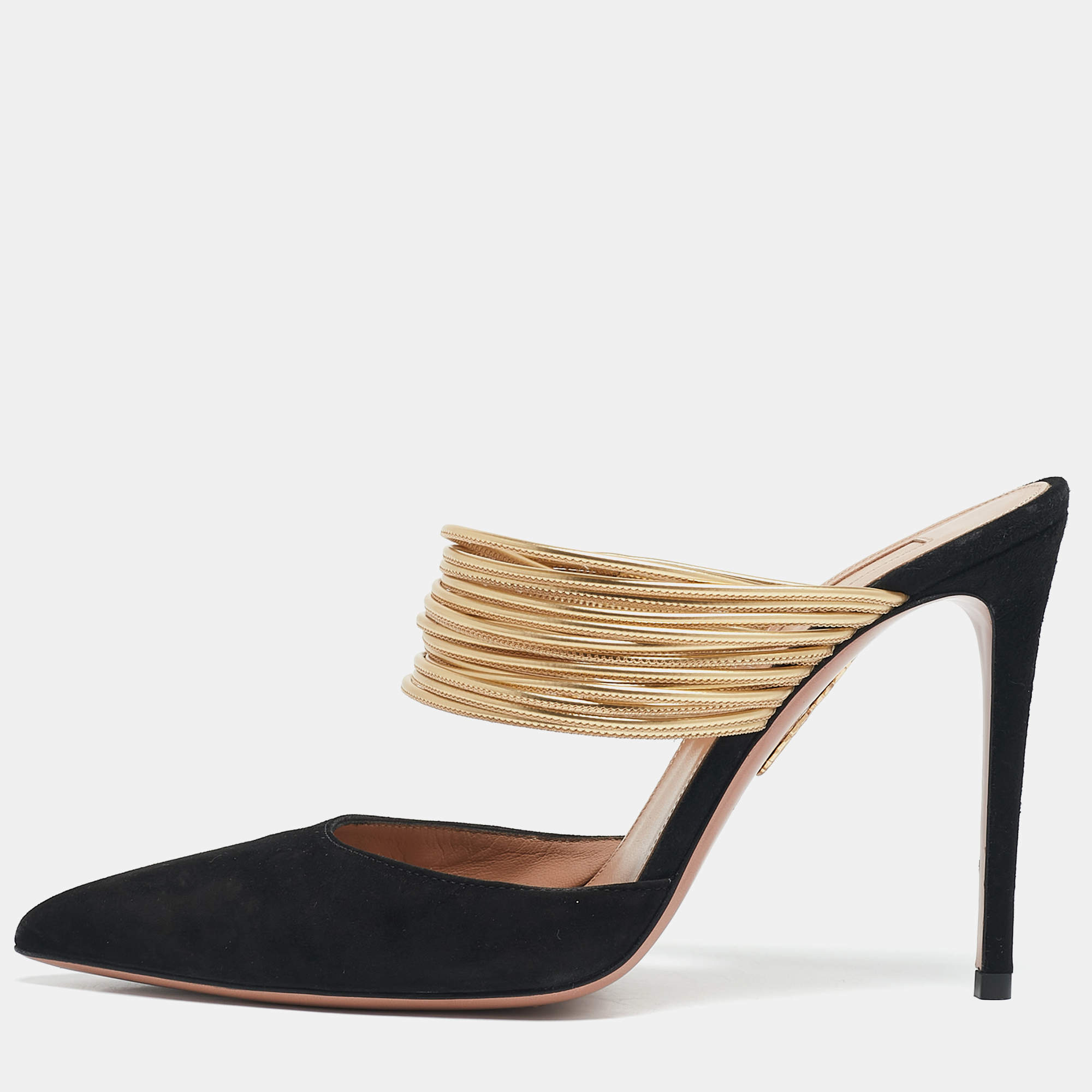 Pre Owned Aquazzura Black/Gold Suede and Leather Rendez Vous Mules Size 37.5