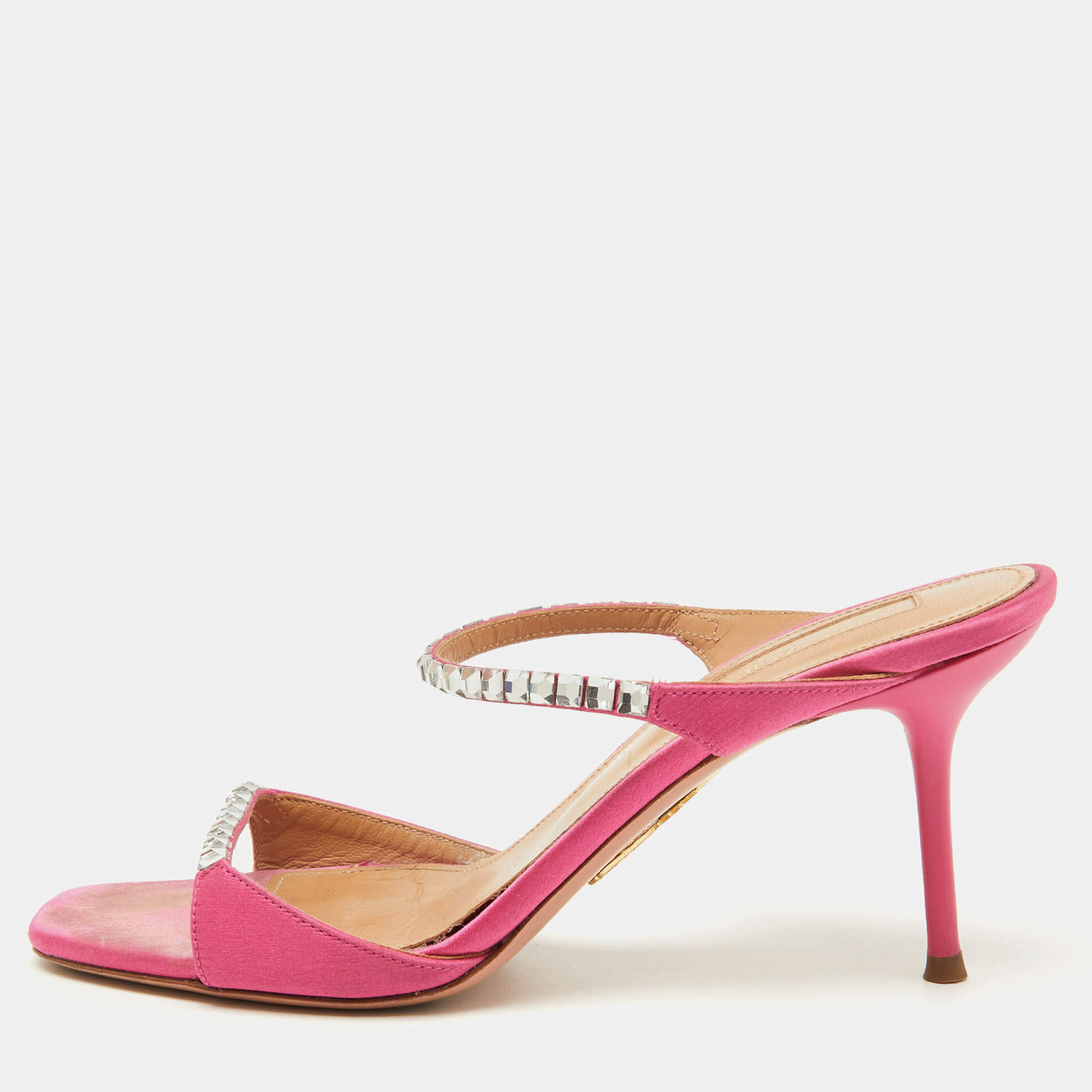 Aquazzura Pink Satin Crystal Embellished Diamante Slide Sandals Size 35
