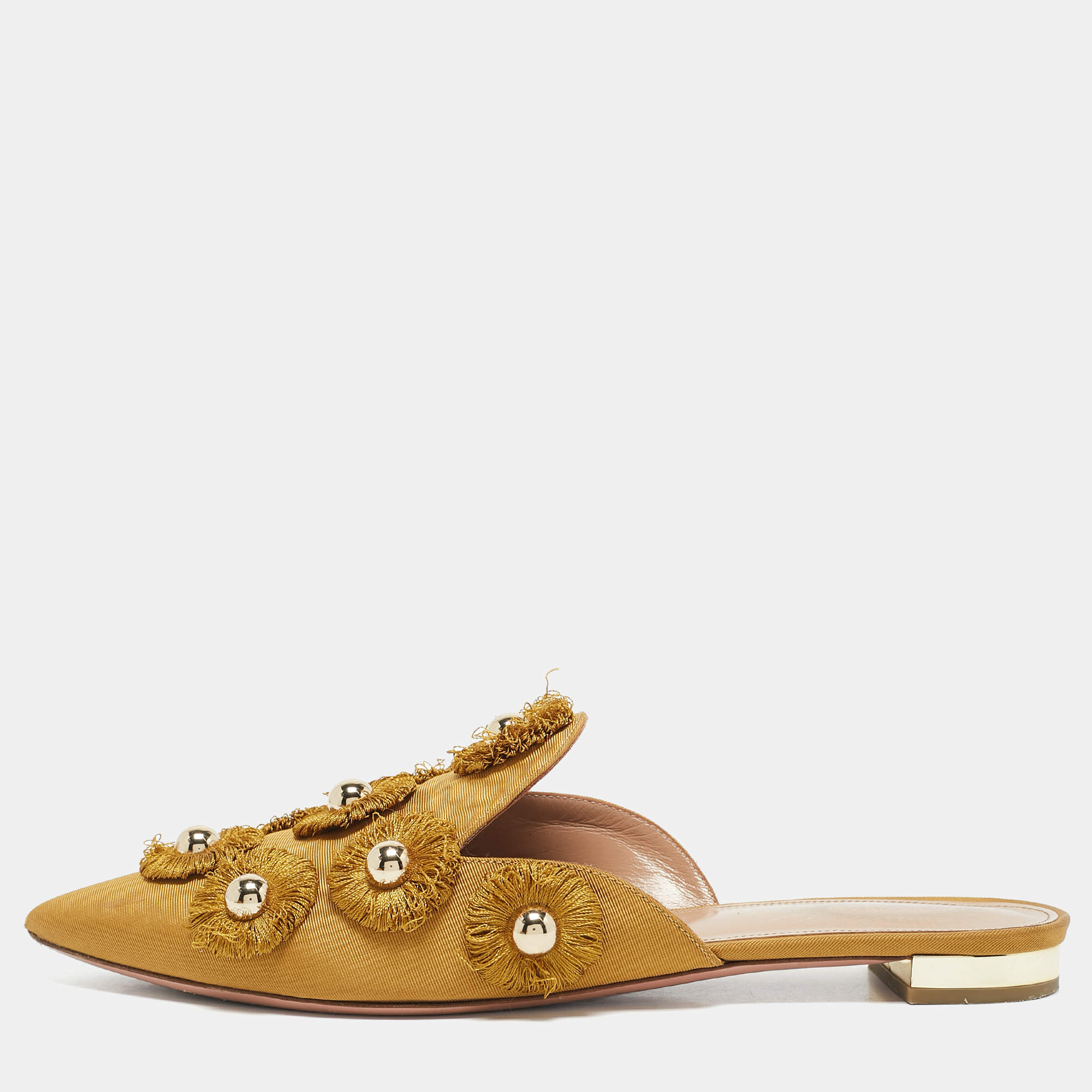 Aquazzura Yellow Fabric Sunflower Pointed Toe Flat Mules Size 38