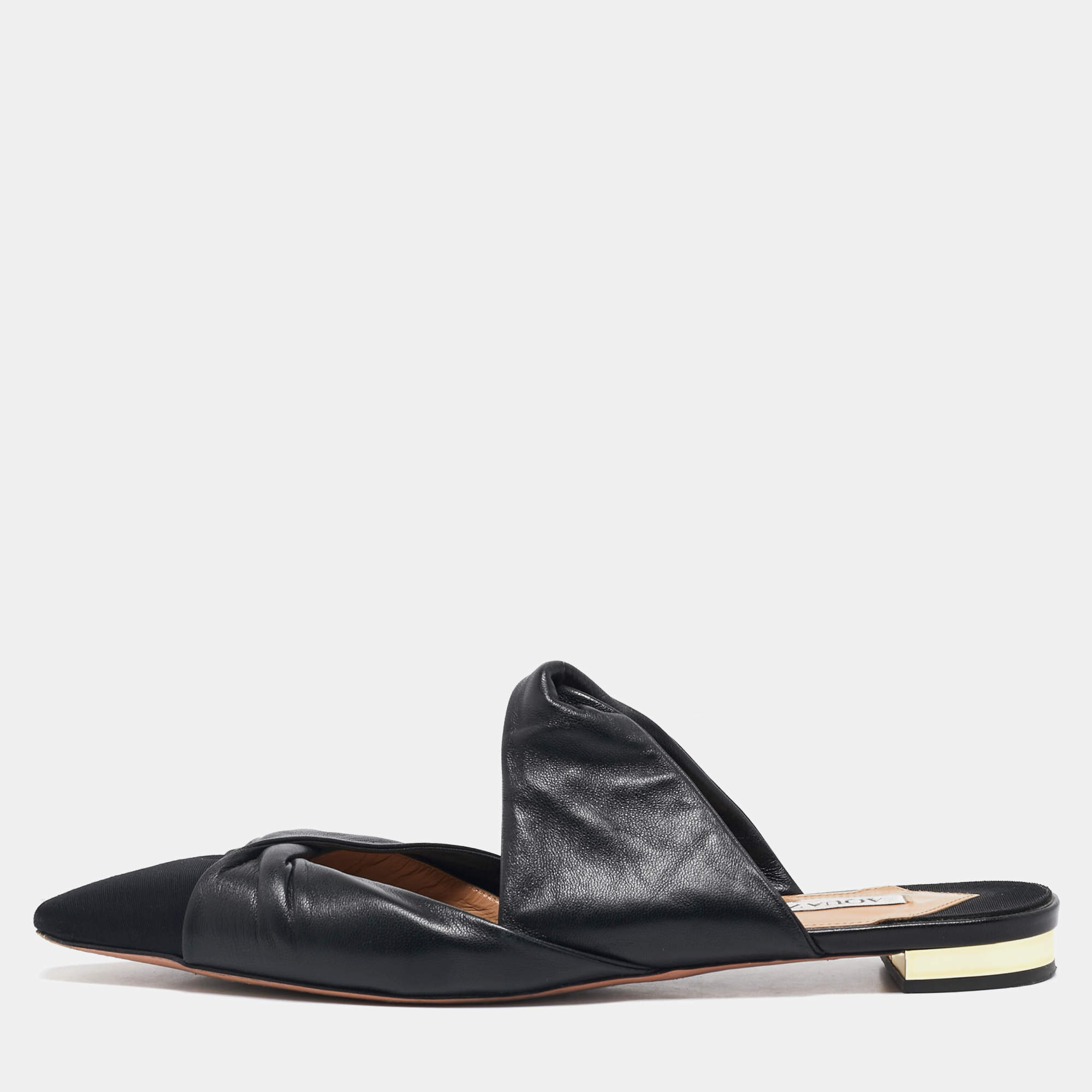 Aquazzura Black Leather and Canvas Mondaine Flat Mules Size 38