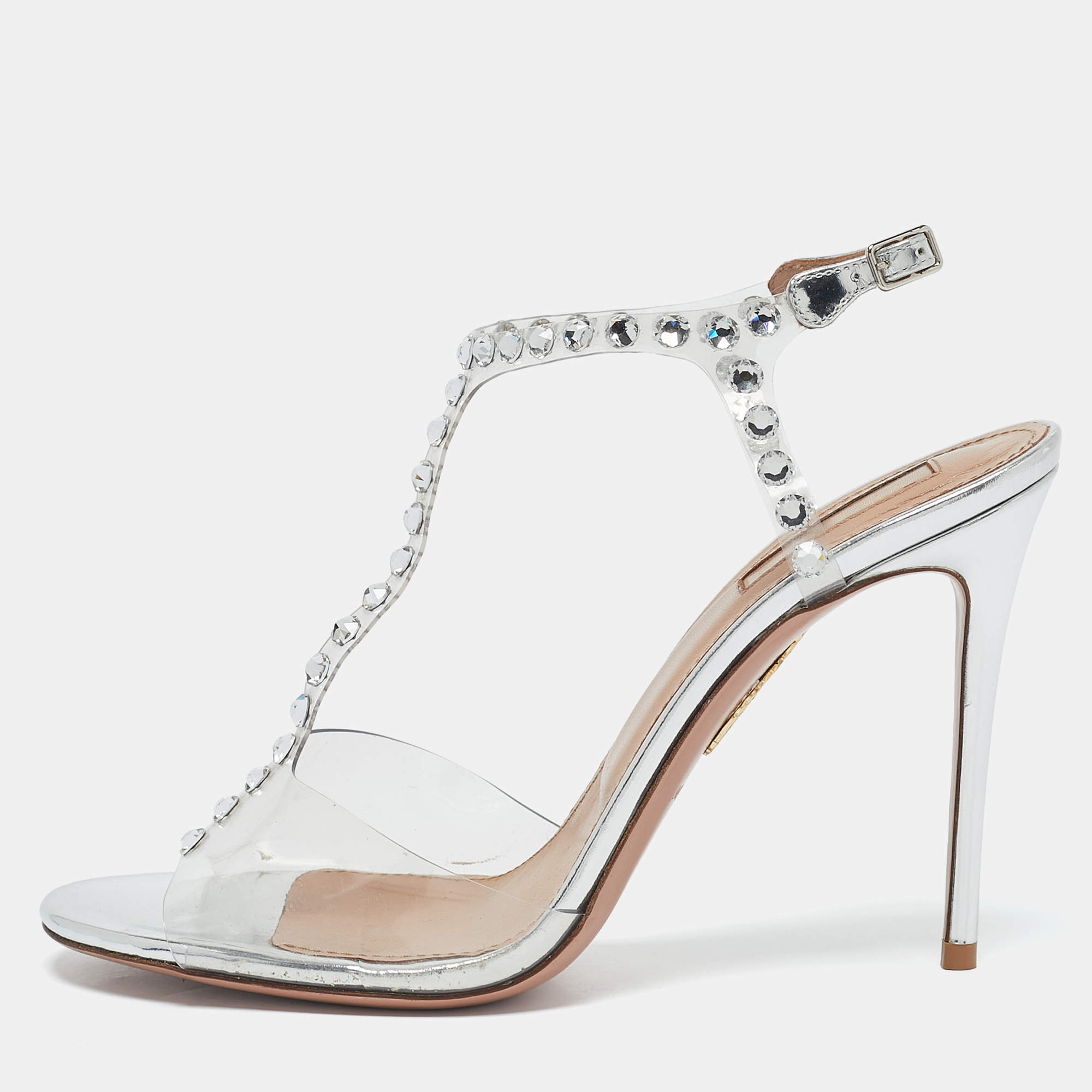 Aquazzura Transparent PVC and Leather Crystal Embellished Shine Sandals Size 39