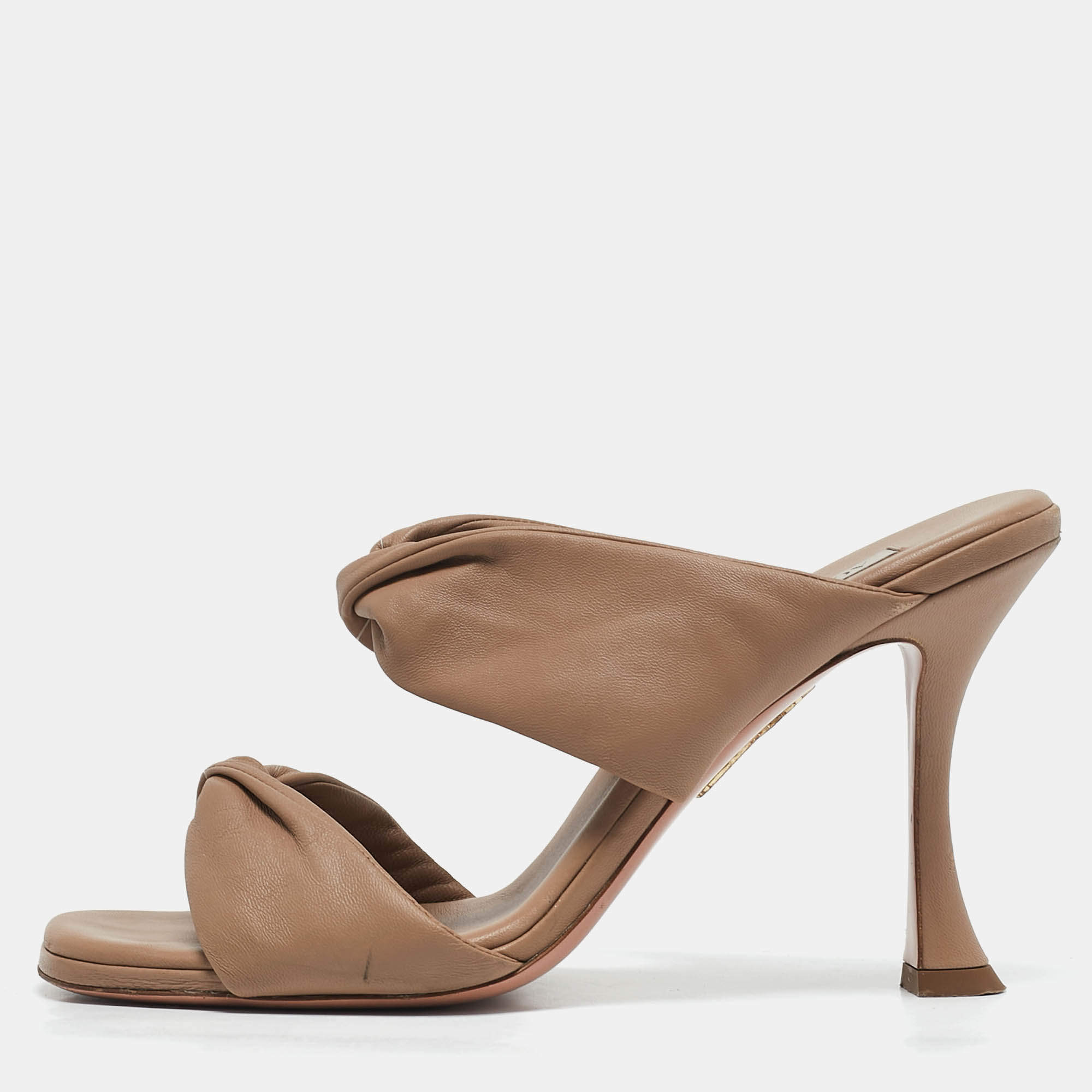 Aquazzura Brown Leather Twist Slide Sandals Size 39.5 