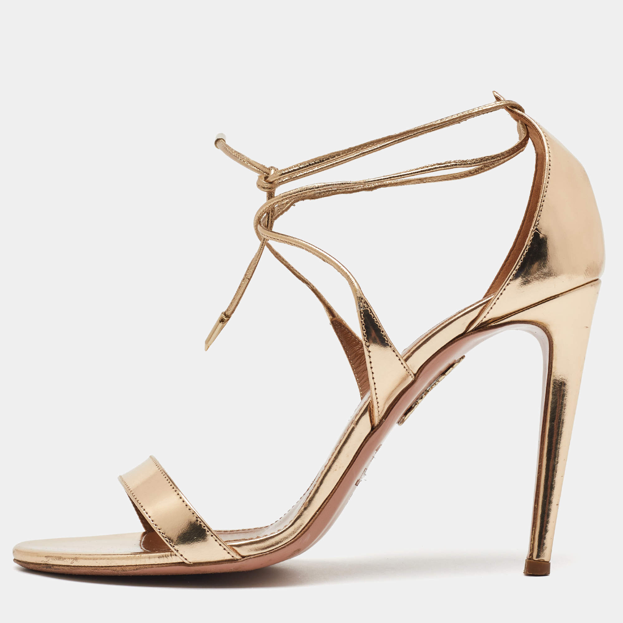 مملوكة مسبقًا Aquazzura Gold Leather Linda Ankle Strap Sandals Size 38