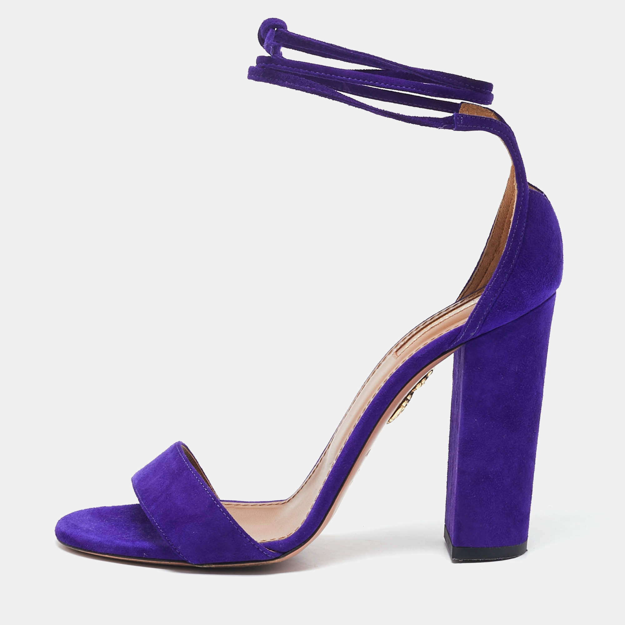 Pre Owned Aquazzura Purple Suede City Ankle Wrap Block Heel Sandals Size 39