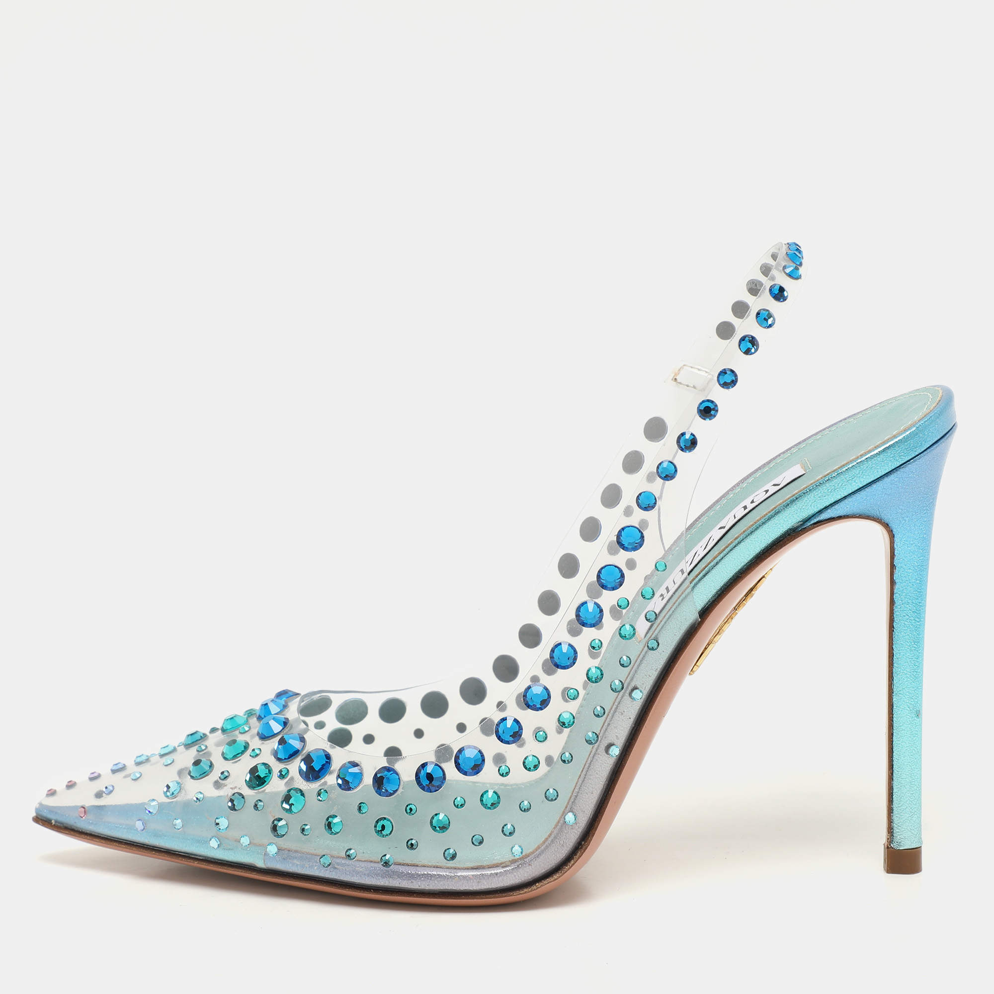 Pre Owned Aquazzura Transparent PVC Crystal Embellished Slingback Pumps Size 37