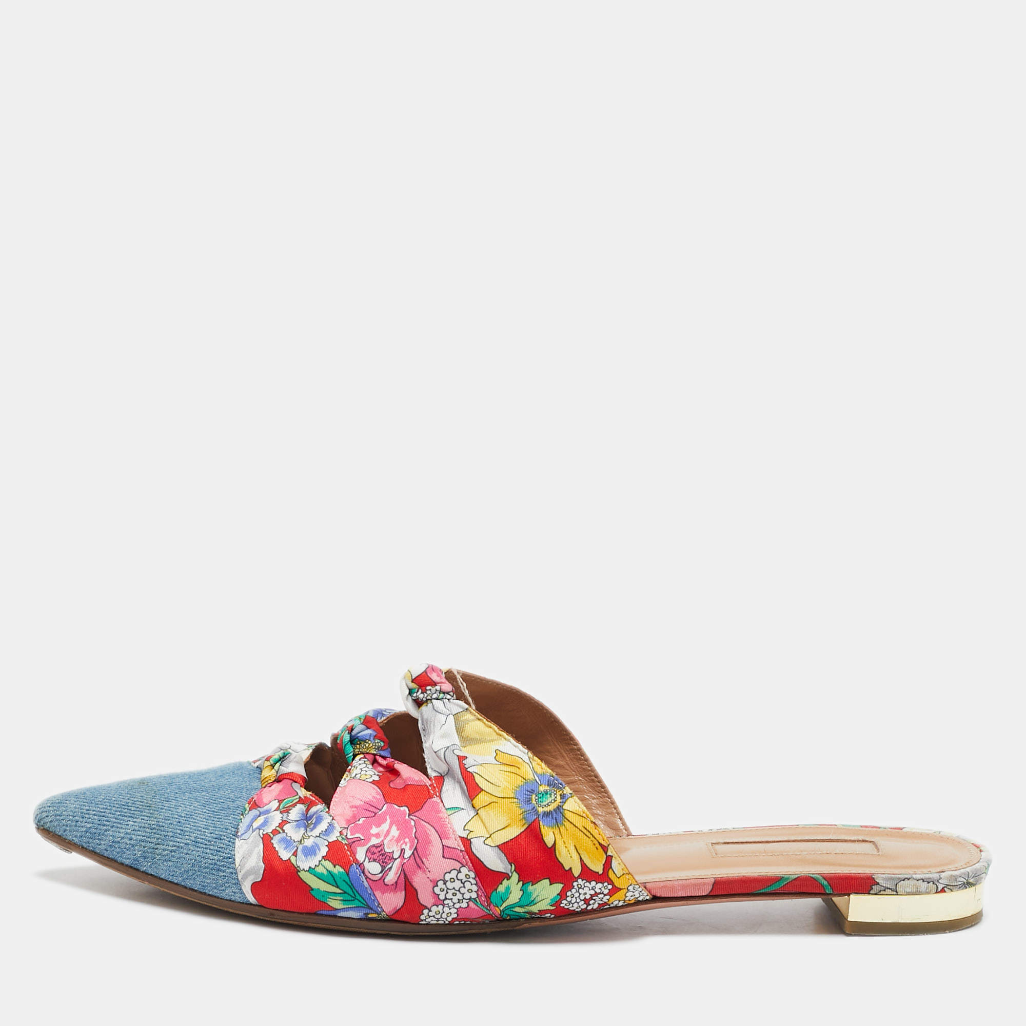 Aquazzura Multicolor Floral Fabric and Denim Mondaine Flat Mules Size 39