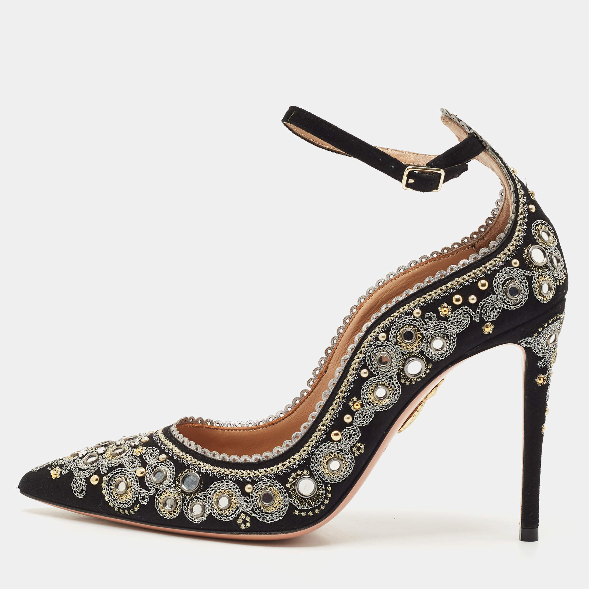 Aquazzura Black Suede Embroidered Jaipur Pointed Toe Ankle Strap Pumps Size 37