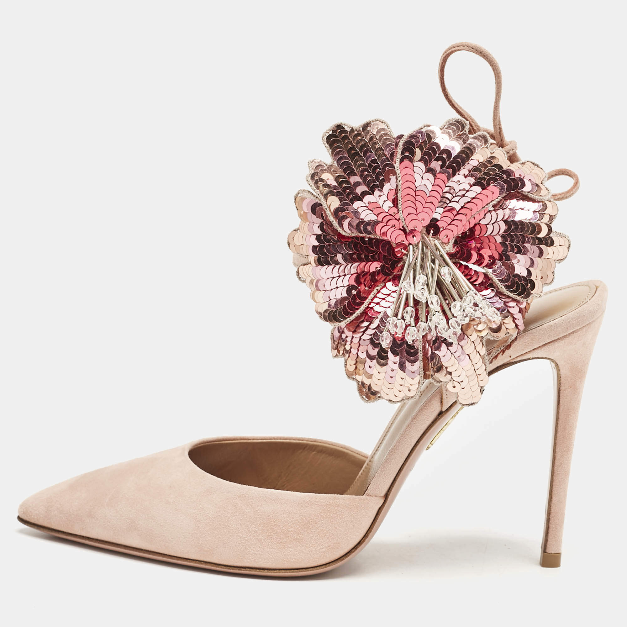 Pre Owned Aquazzura Pink Suede Disco Flower Embellished Ankle Tie Sandals Size 36.5
