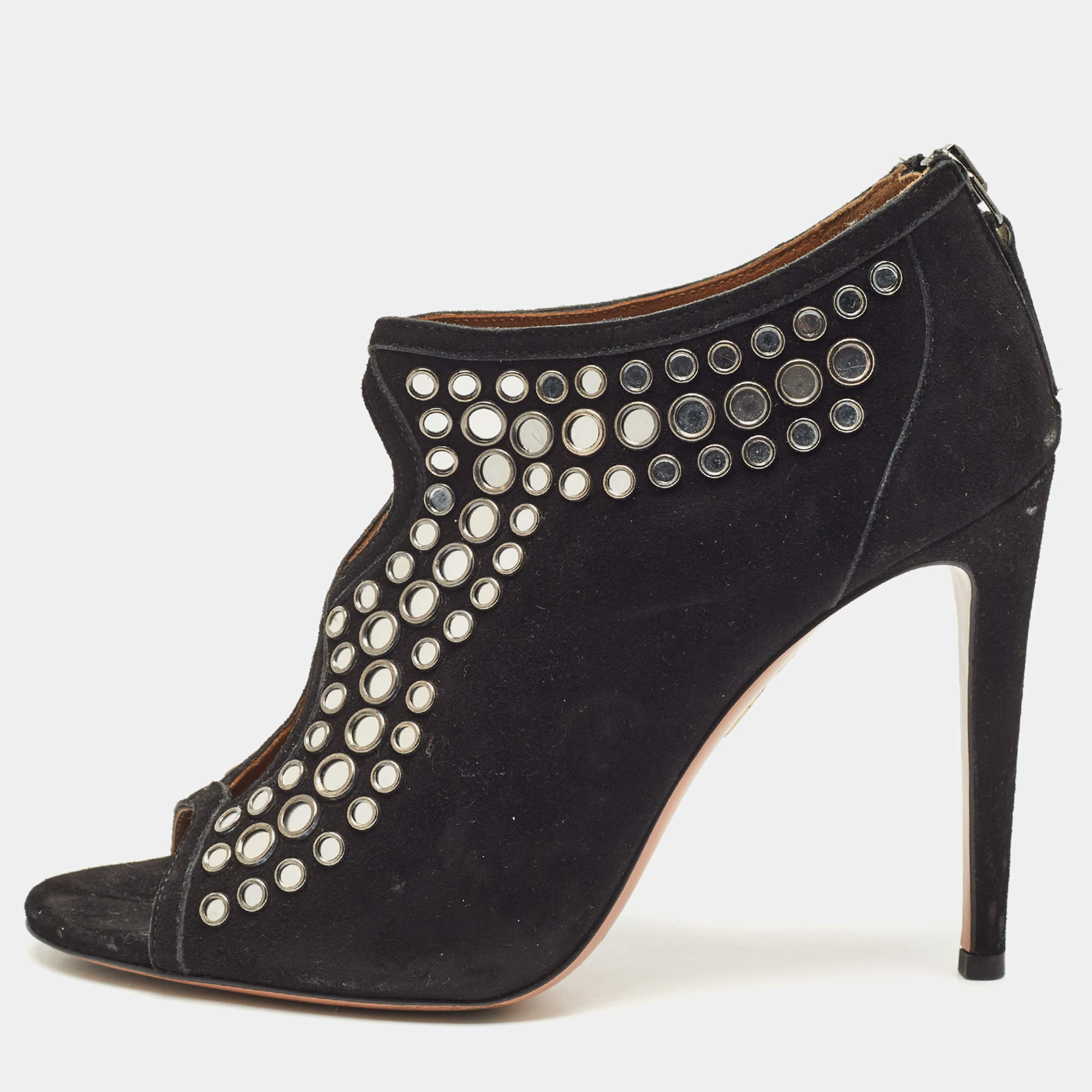 Aquazzura Black Suede Embellished Peep Toe Booties Size 37