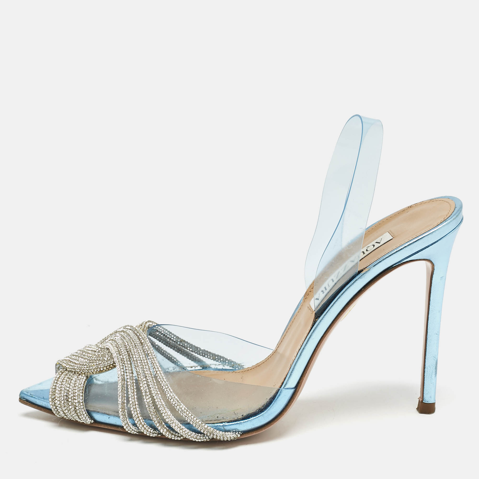Pre Owned Aquazzura Blue PVC Crystal Embellished Gatsby Slingback Pumps Size 37