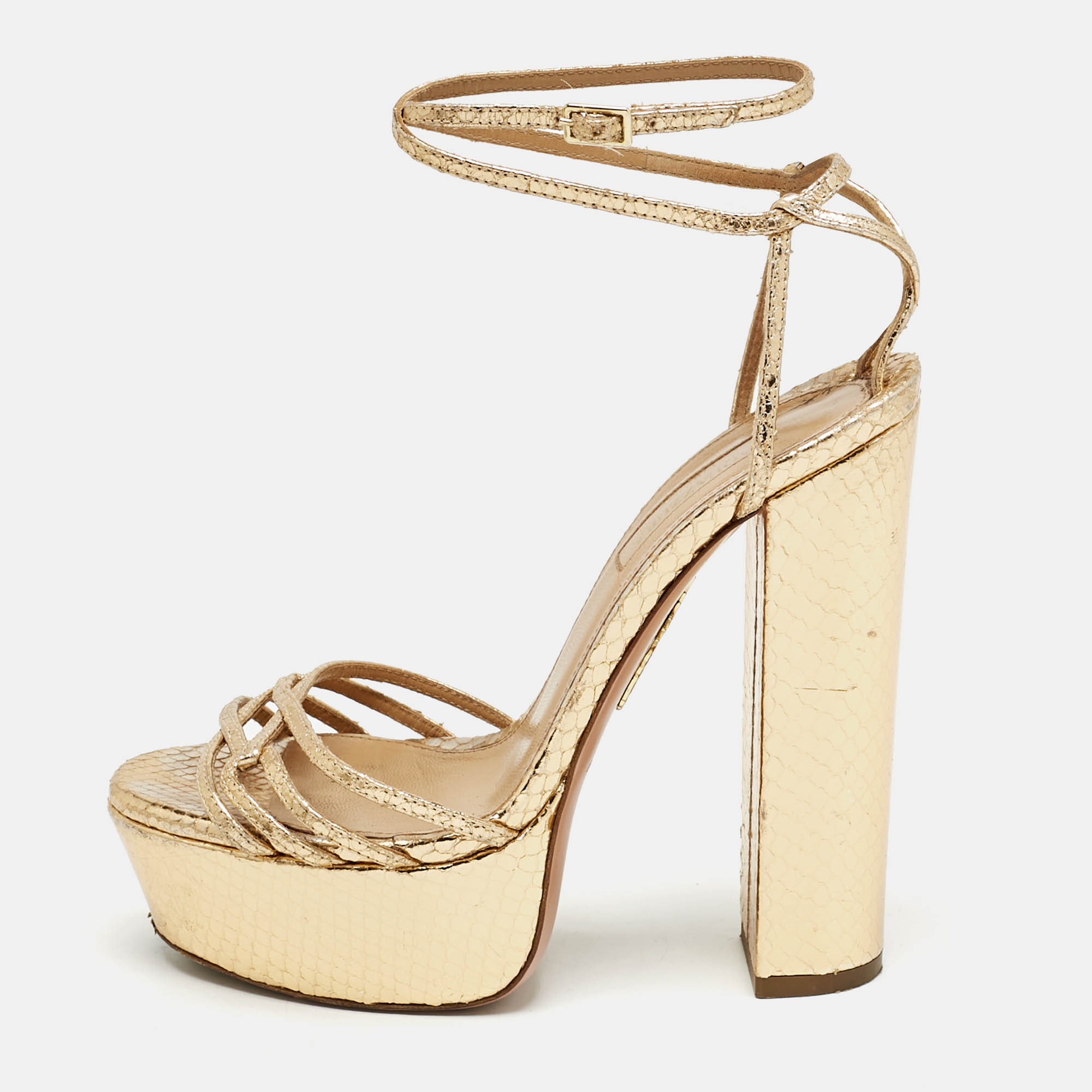Pre Owned Aquazzura Gold Python Effect Leather Platform Ankle Strap Sandals Size 36