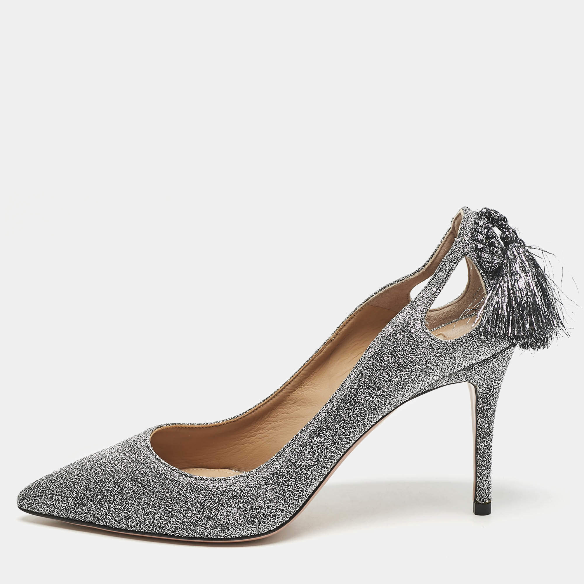 Aquazzura Silver Metallic Lurex Fabric Forever Marilyn Fringe Pumps Size 38.5