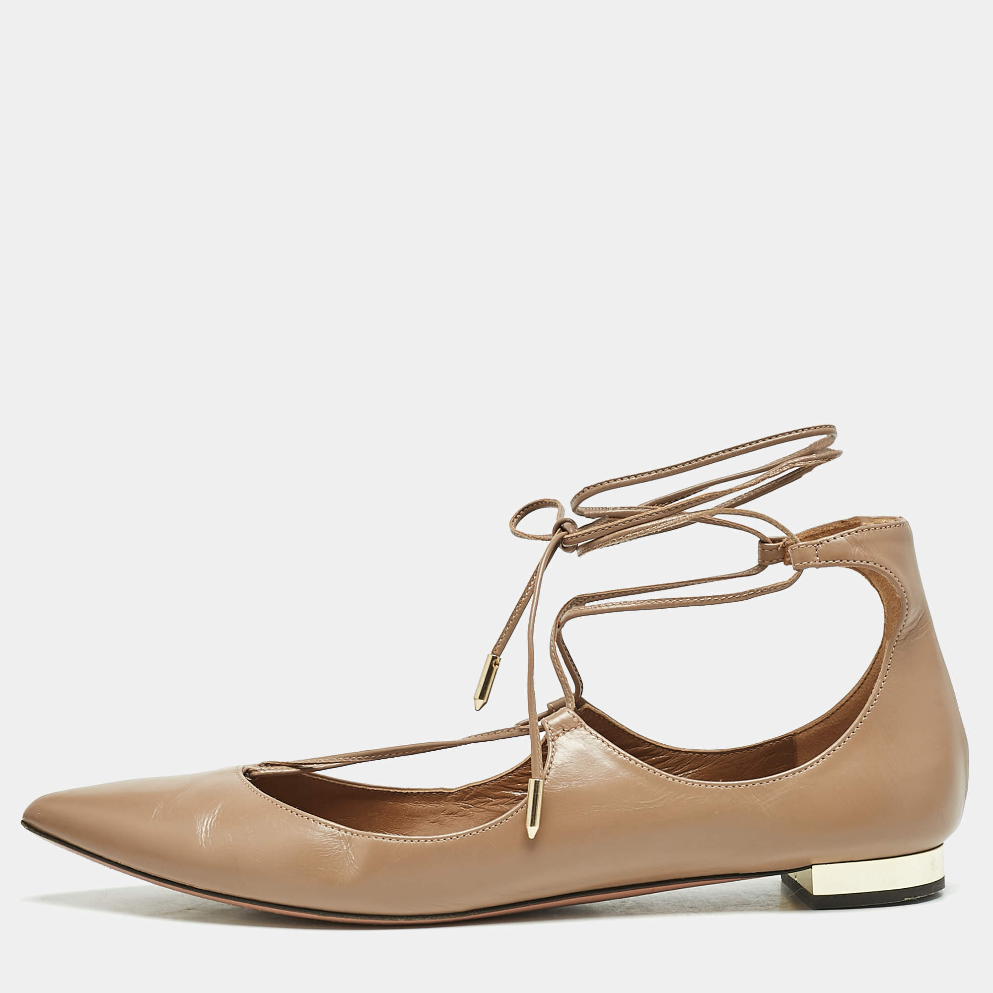 Pre Owned Aquazzura Beige Leather Christy Ankle Wrap Ballet Flats Size 40