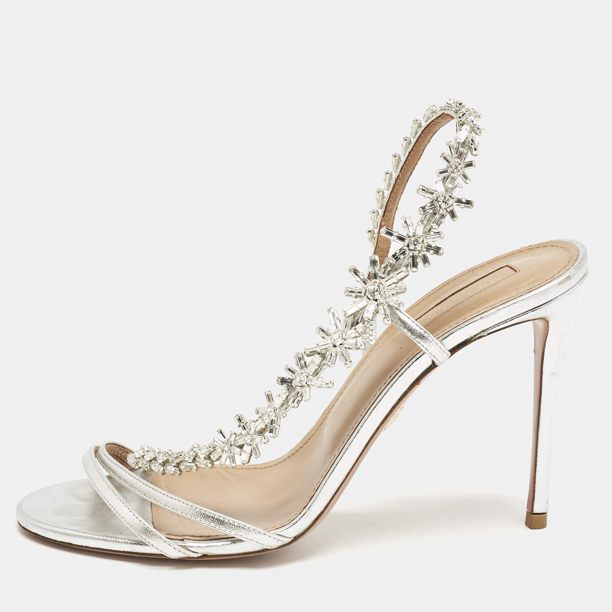 Aquazzura  Silver Leather Crystal Embellished Chateau Slingback Sandals Size 38