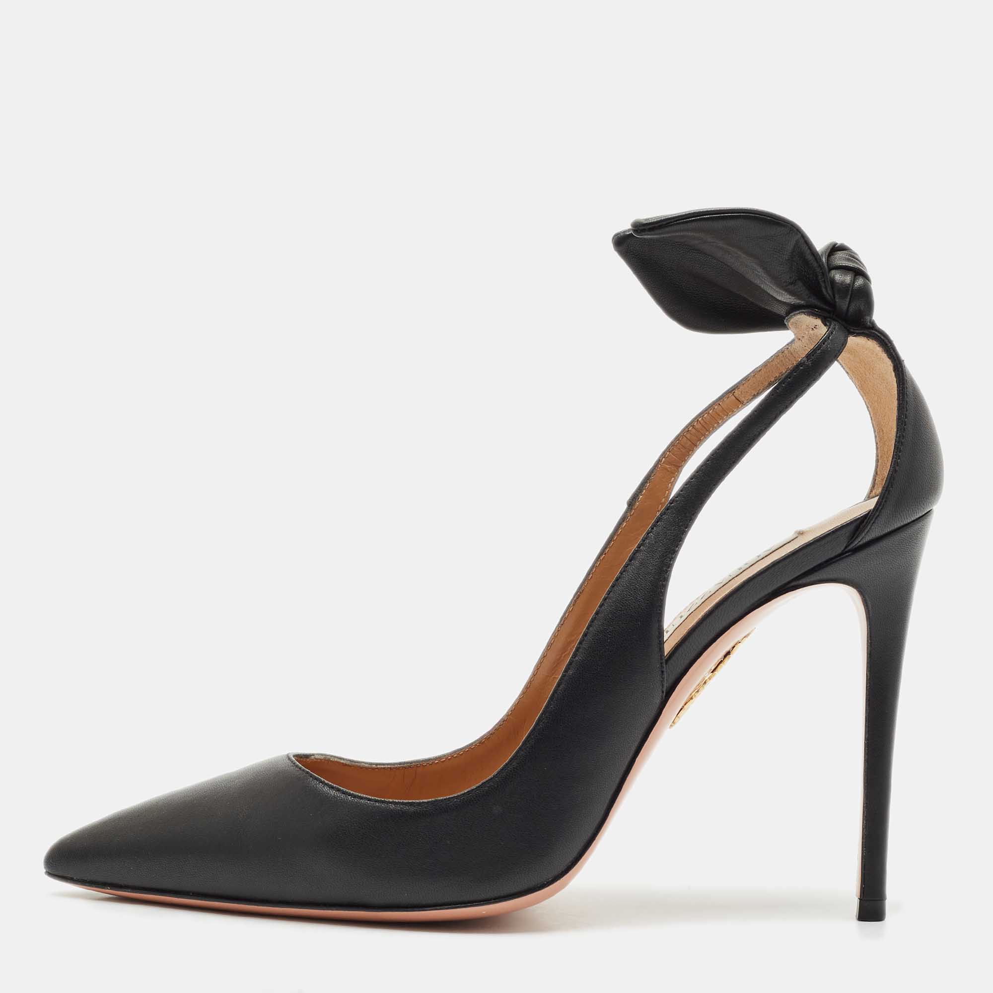 Pre Owned Aquazzura Black Leather Bow Tie Pumps Size 39.5