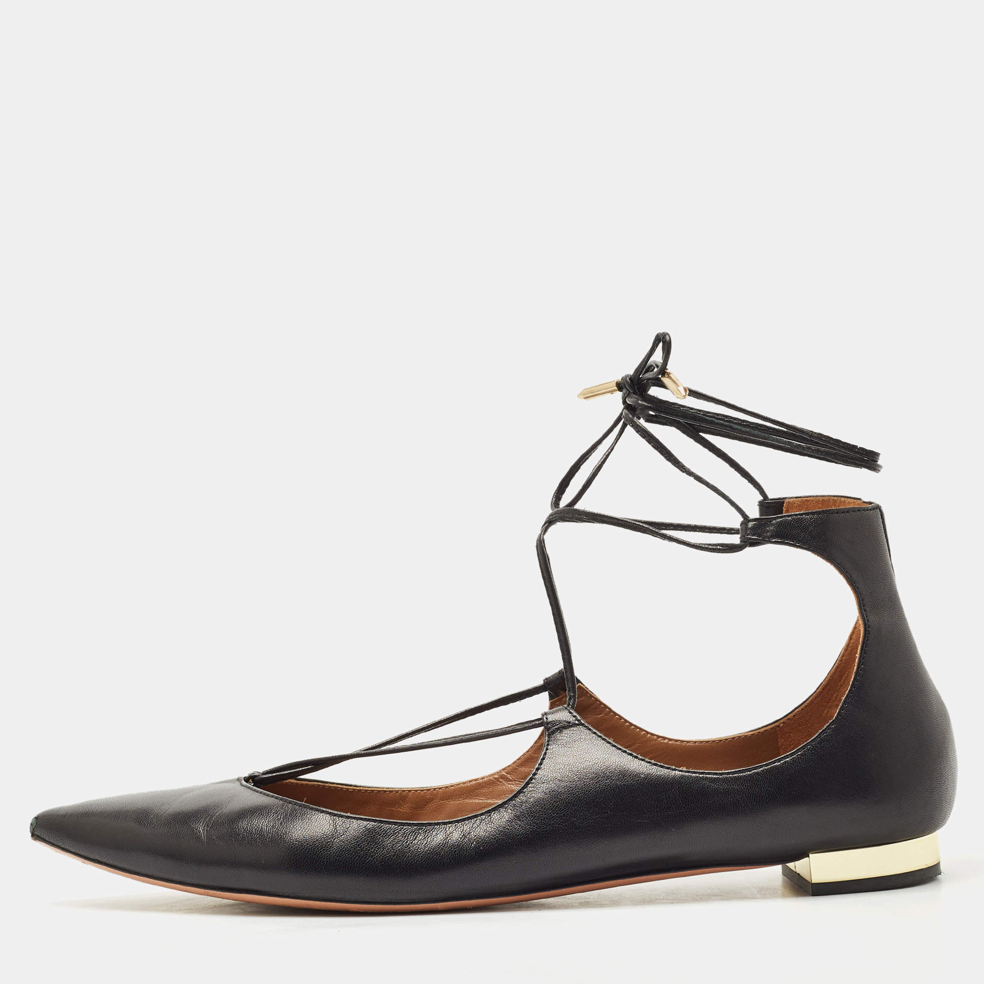 Pre Owned Aquazzura Black Leather Christy Ankle-Wrap Ballet Flats Size 40.5