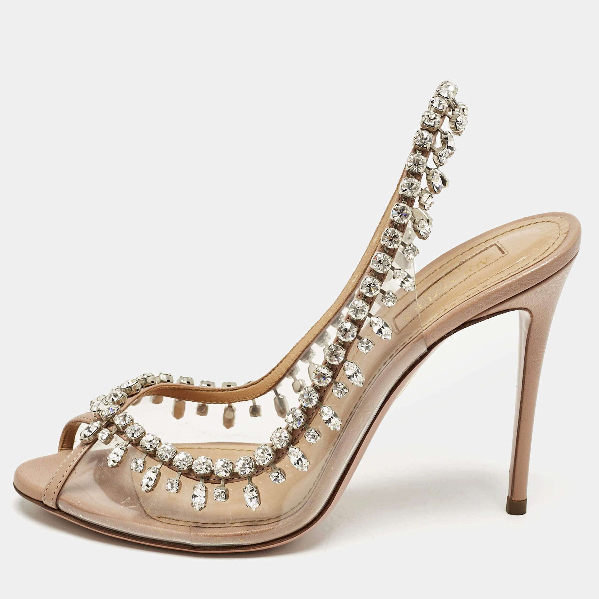 Pre Owned Aquazzura Beige Leather and PVC Temptation Slingback Sandals Size 37