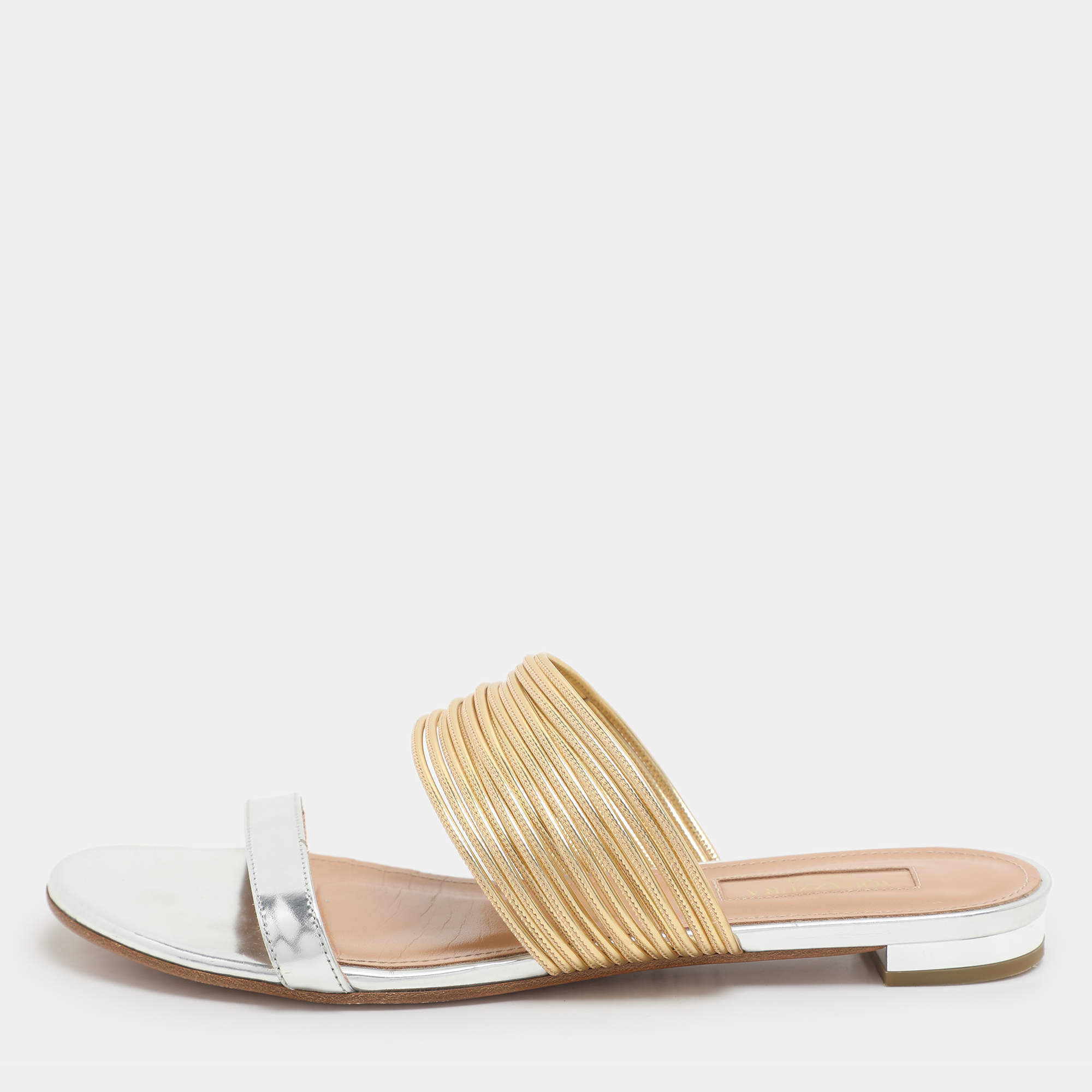 Aquazzura Silver/Gold Leather Rendez Vous Flat Slides Size 37
