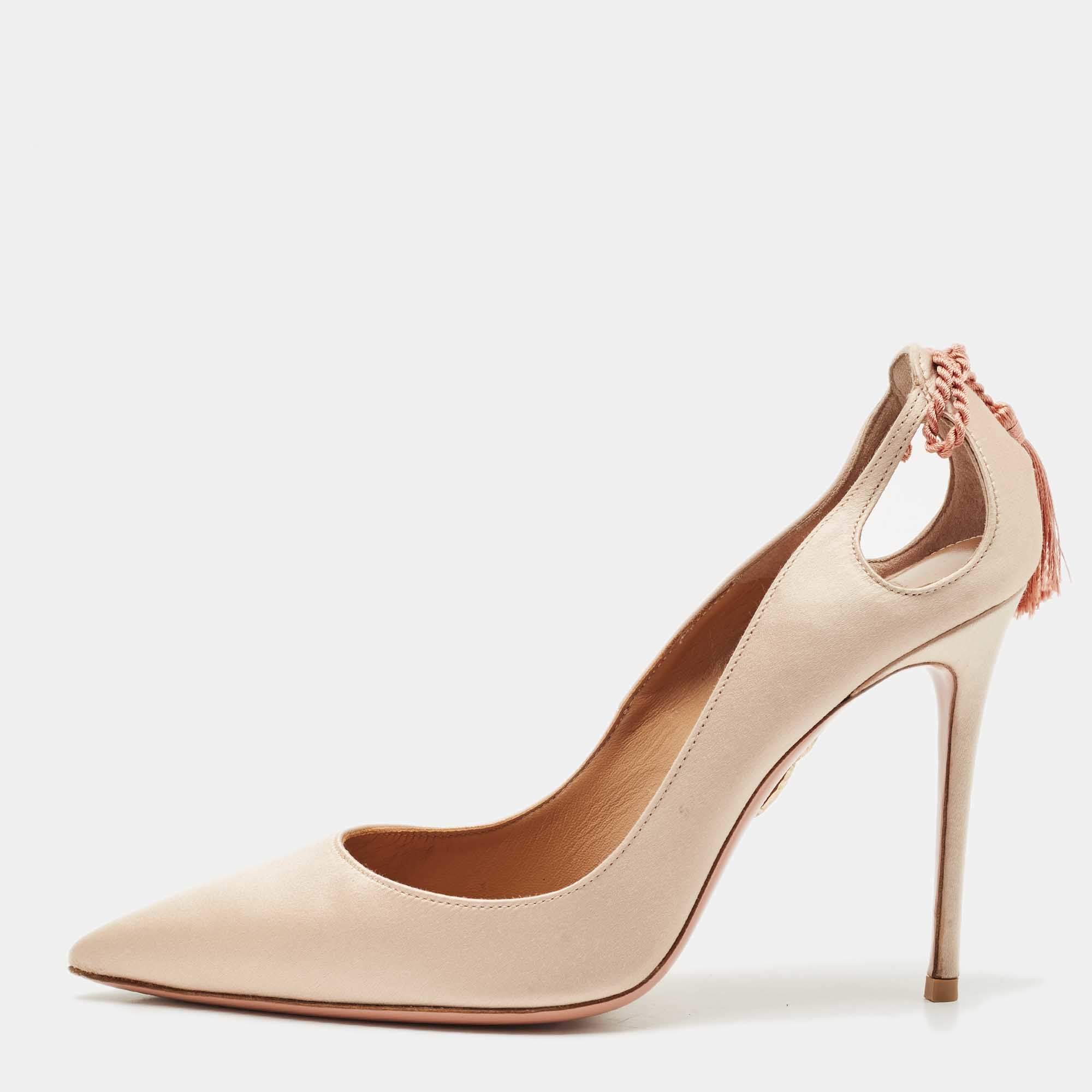 Pre Owned Aquazzura Beige Satin Forever Marilyn Cut Out Tassel Detail Pumps Size 39