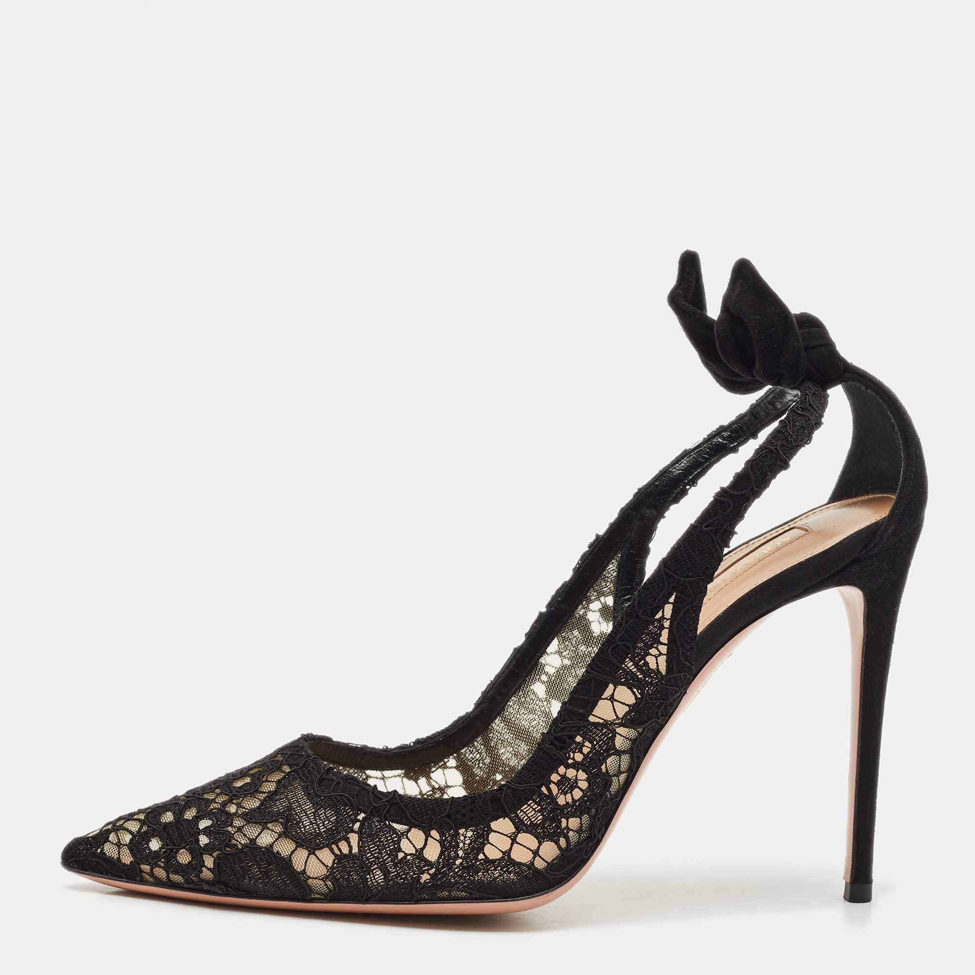Aquazzura Black Lace Bow Tie Pumps Size 40