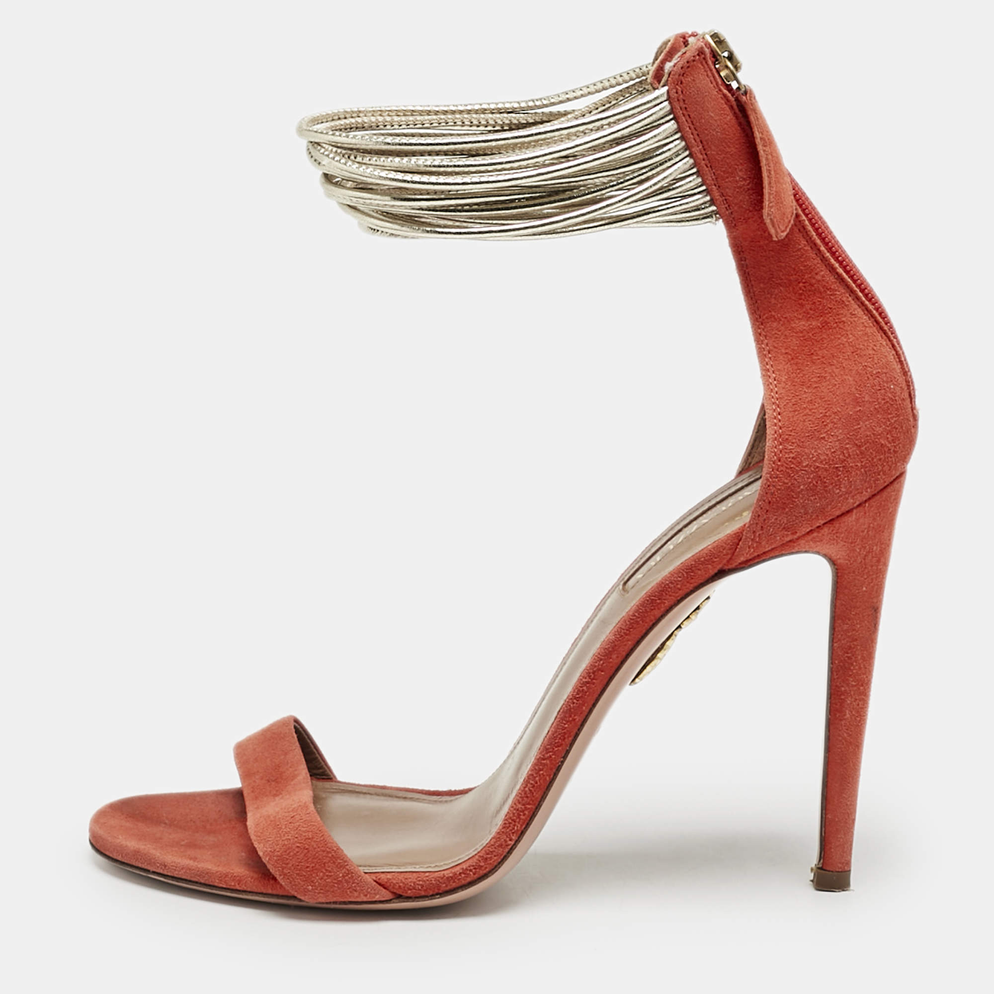 Aquazzura Orange/Gold Leather and Suede Ankle Strap Sandals Size 37
