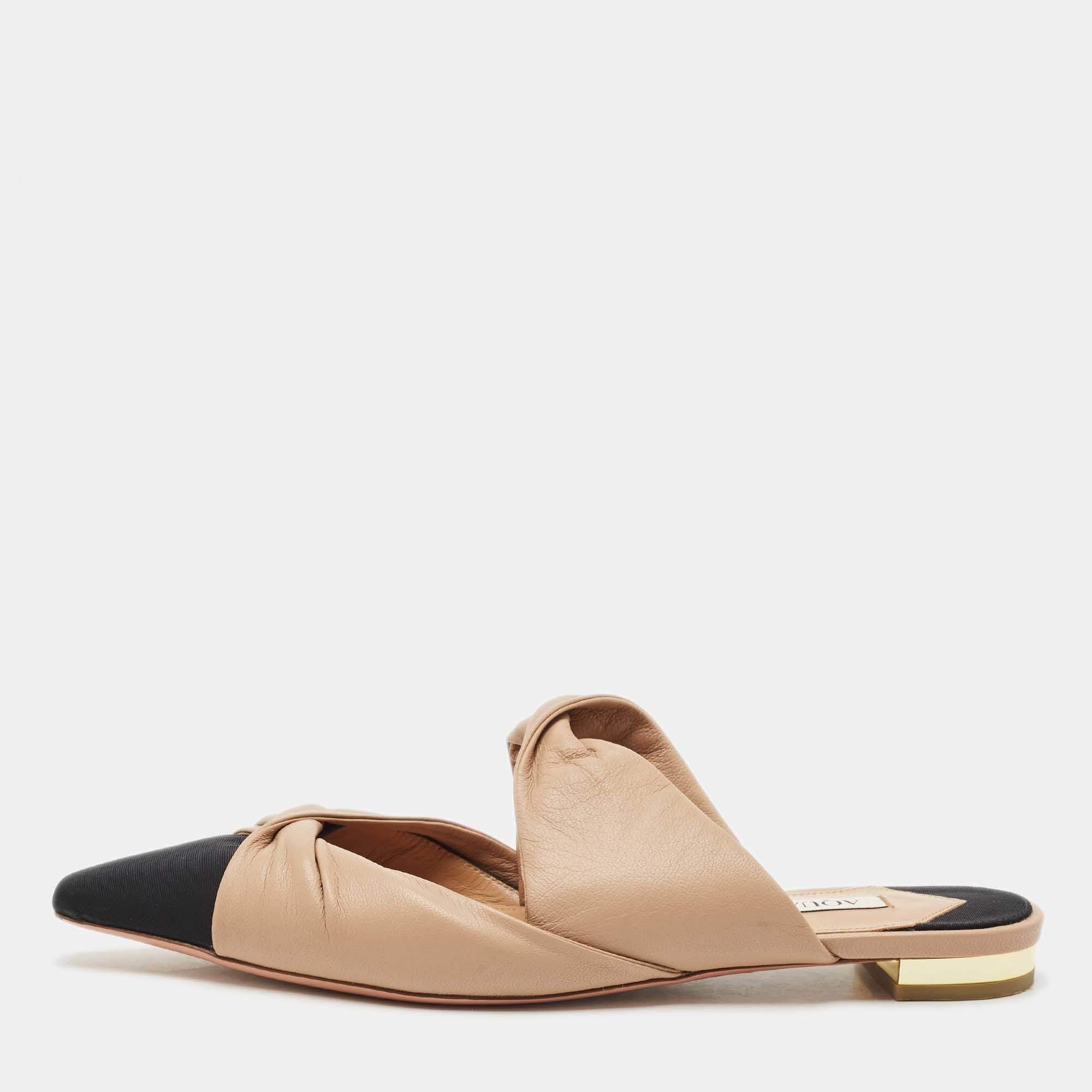 Aquazzura Beige/Black Leather and Fabric Twist Cap Toe Mules Size 35