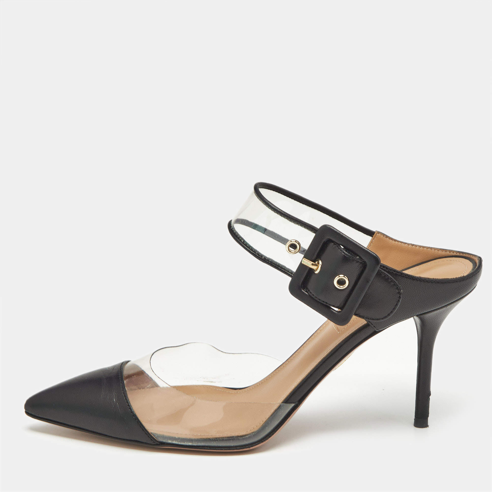 Aquazzura Black PVC And Leather Optic Buckle Sandals Size 36.5