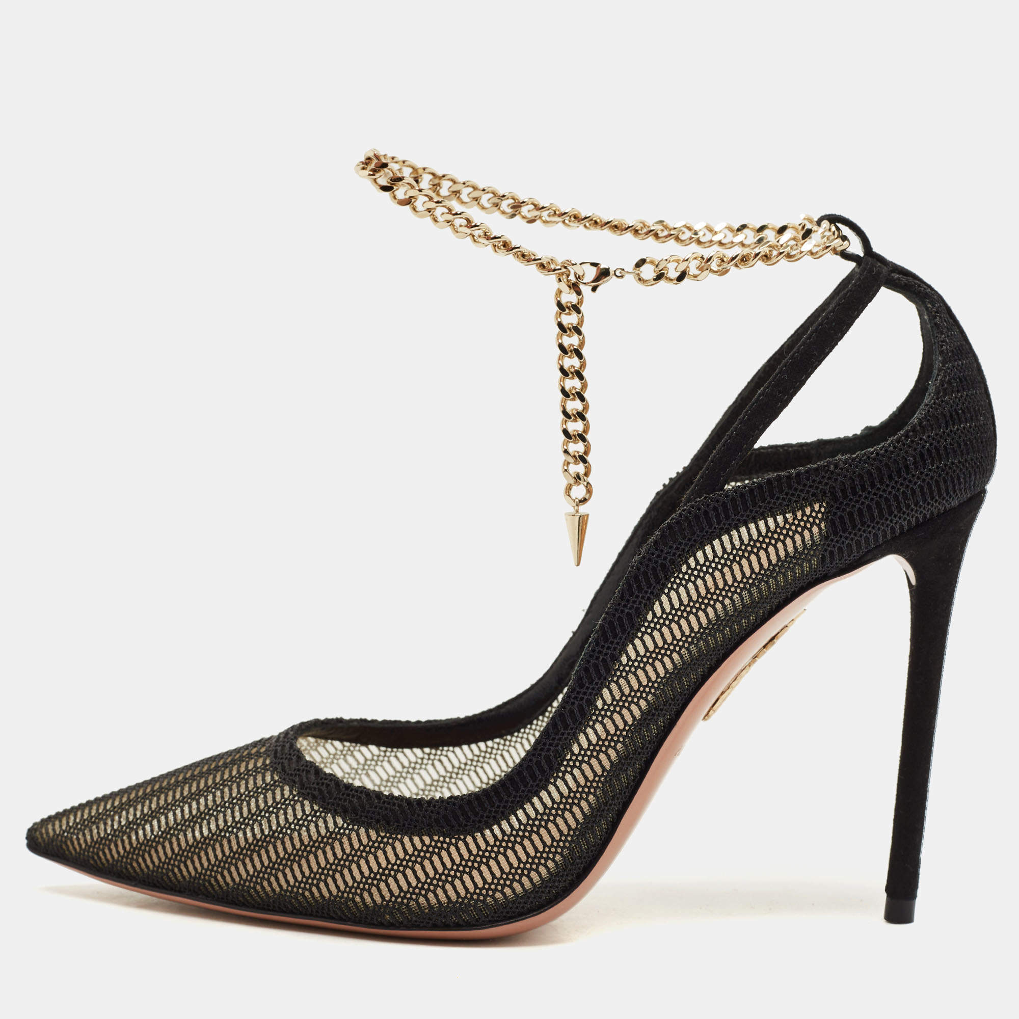 Pre Owned Aquazzura Black Mesh And Suede Bond Street Ankle Chain Pointed Toe Pumps Size 38