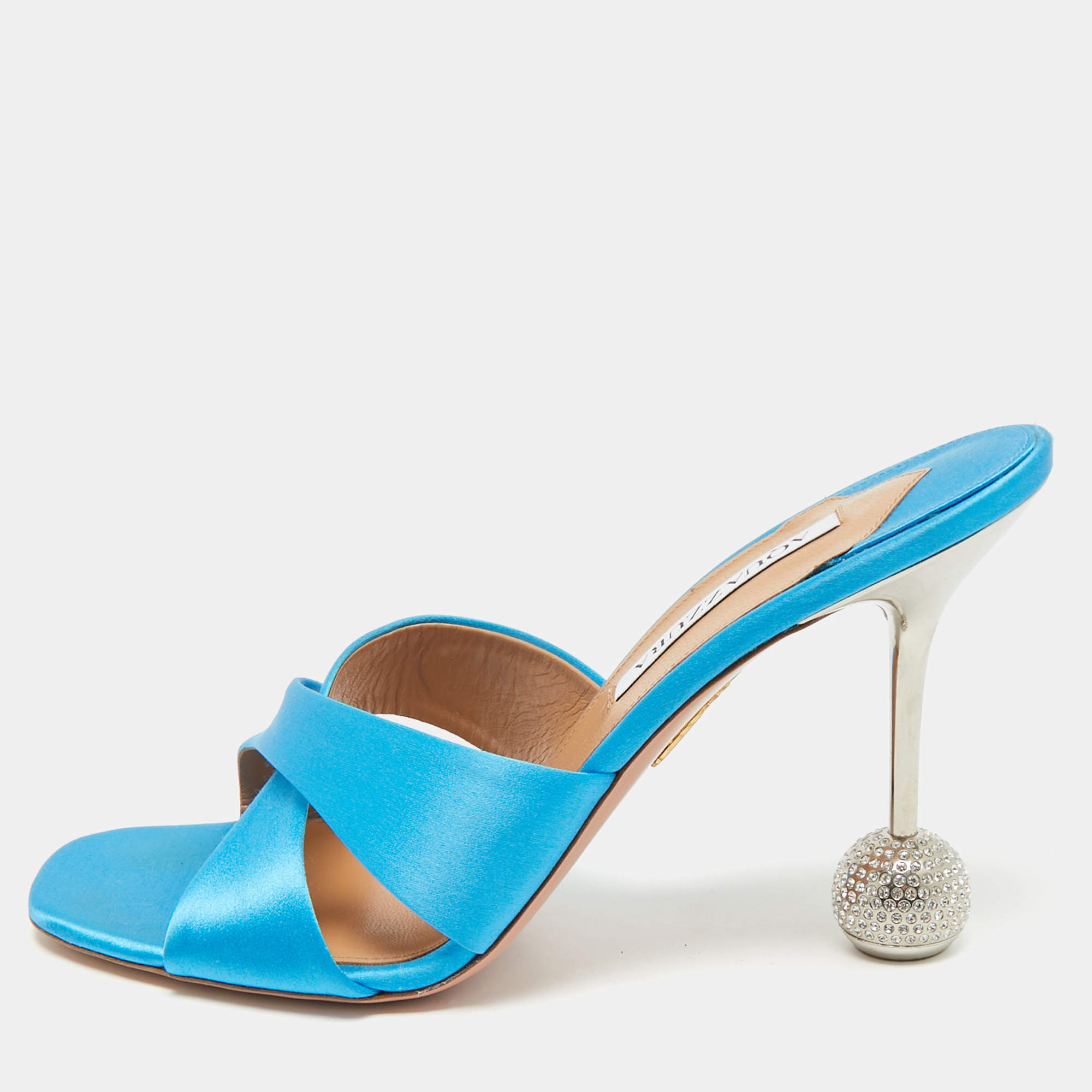 Pre Owned Aquazzura Blue Satin Darling Slide Sandals Size 41
