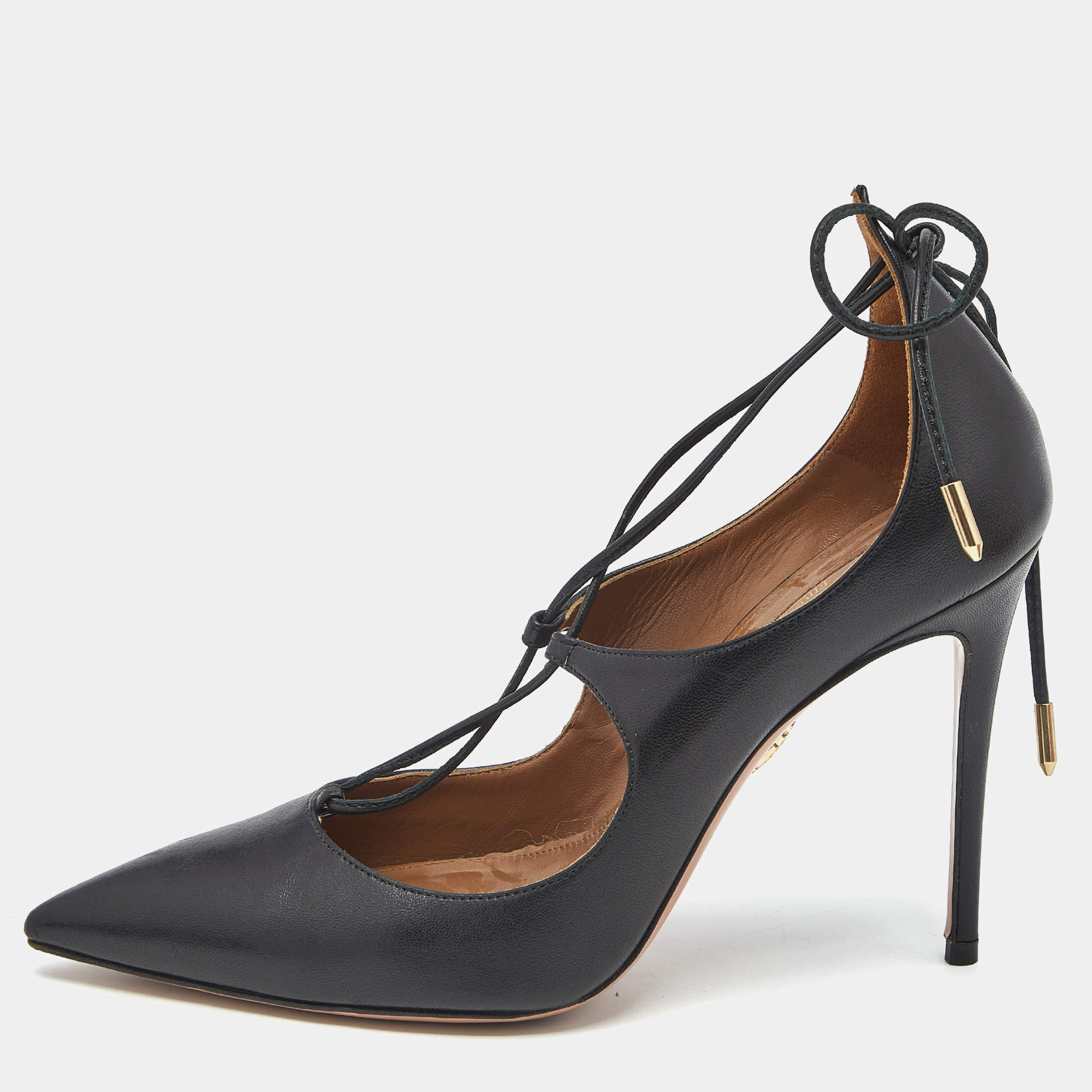 Pre Owned Aquazzura Black Leather Christy Pointed Toe Ankle Wrap Pumps Size 37.5