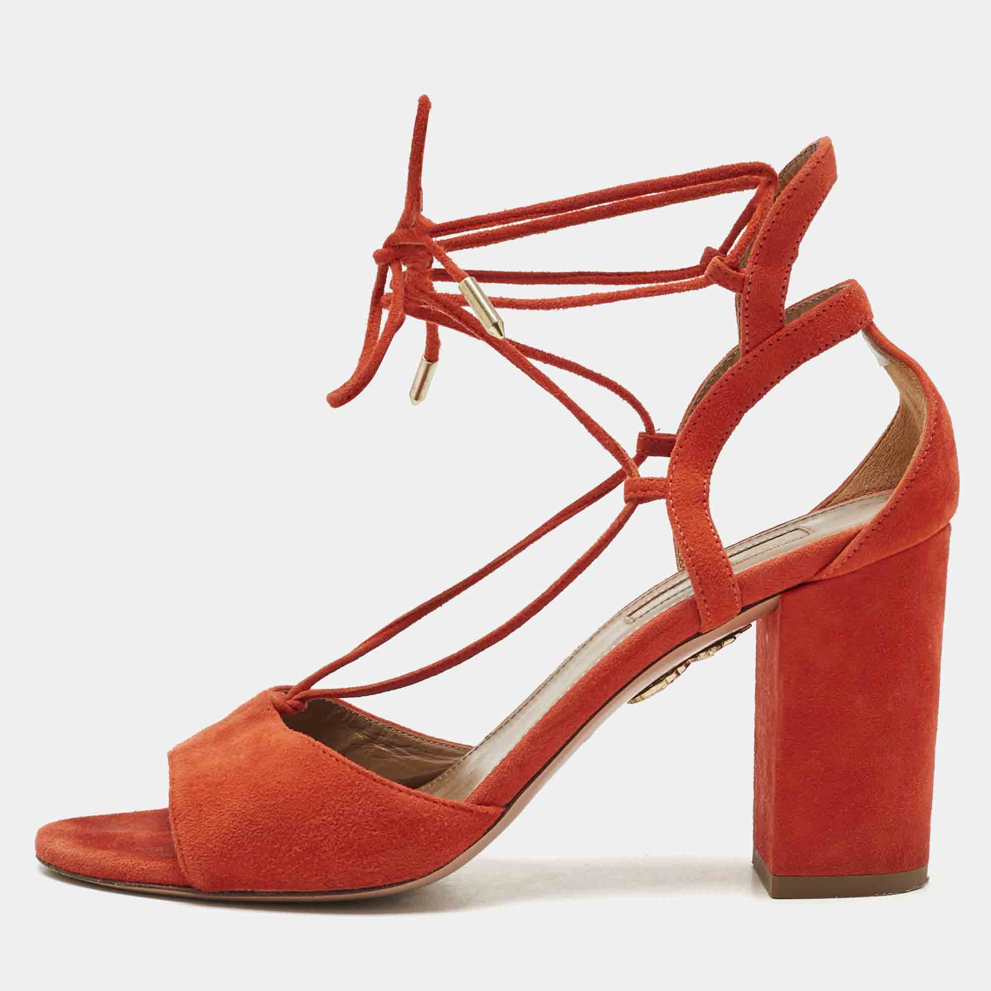 Pre Owned Aquazzura Orange Suede Ankle Strap Block Heel Sandals Size 37.5