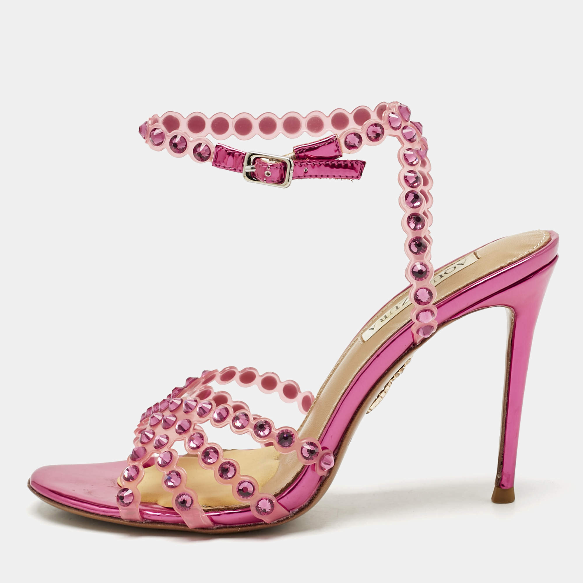 Pre Owned Aquazzura Pink PVC Love Struck Embellished Ankle Strap Sandals Size 39