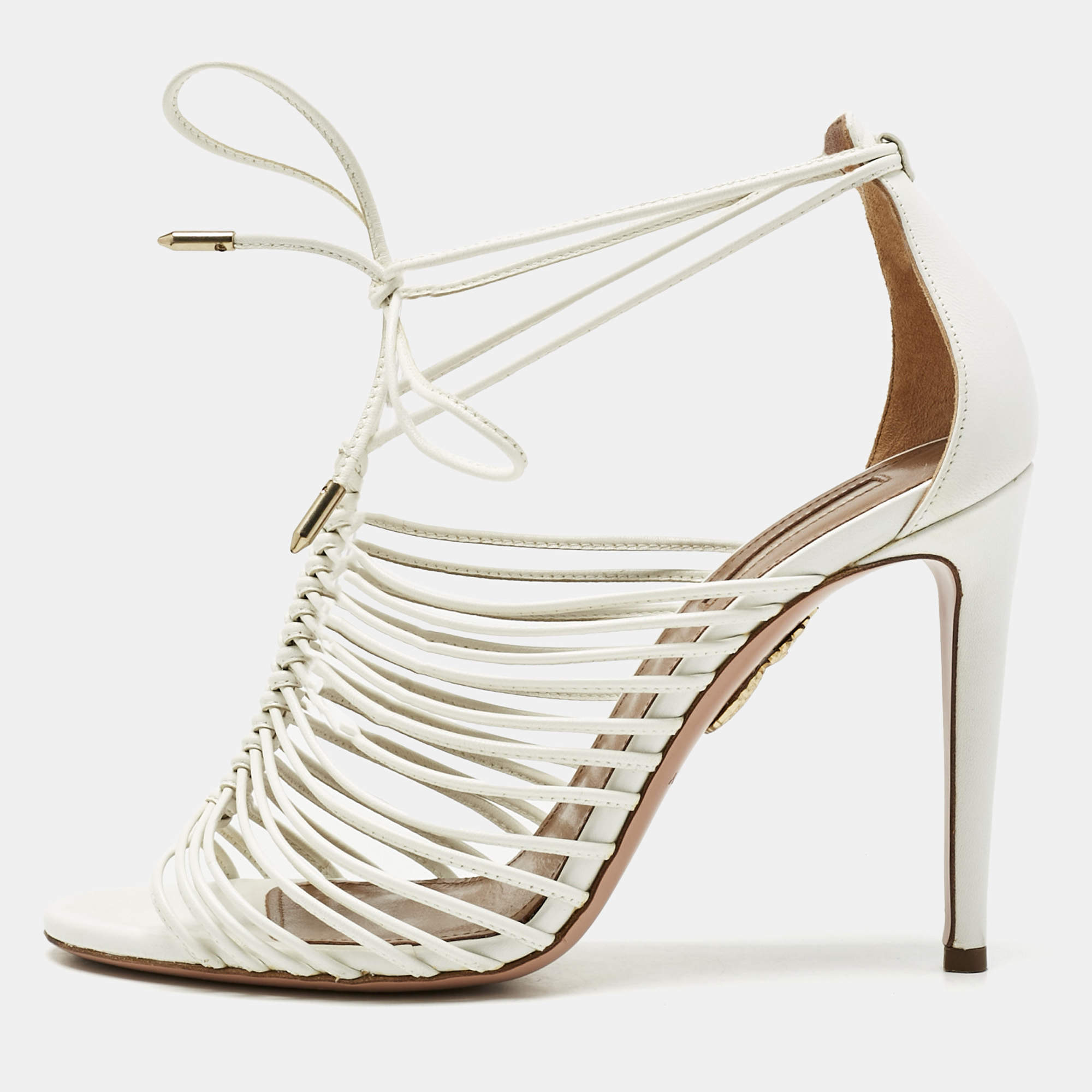 Pre Owned Aquazzura White  Leather Nadja Strappy Ankle Wrap Sandals Size 37.5