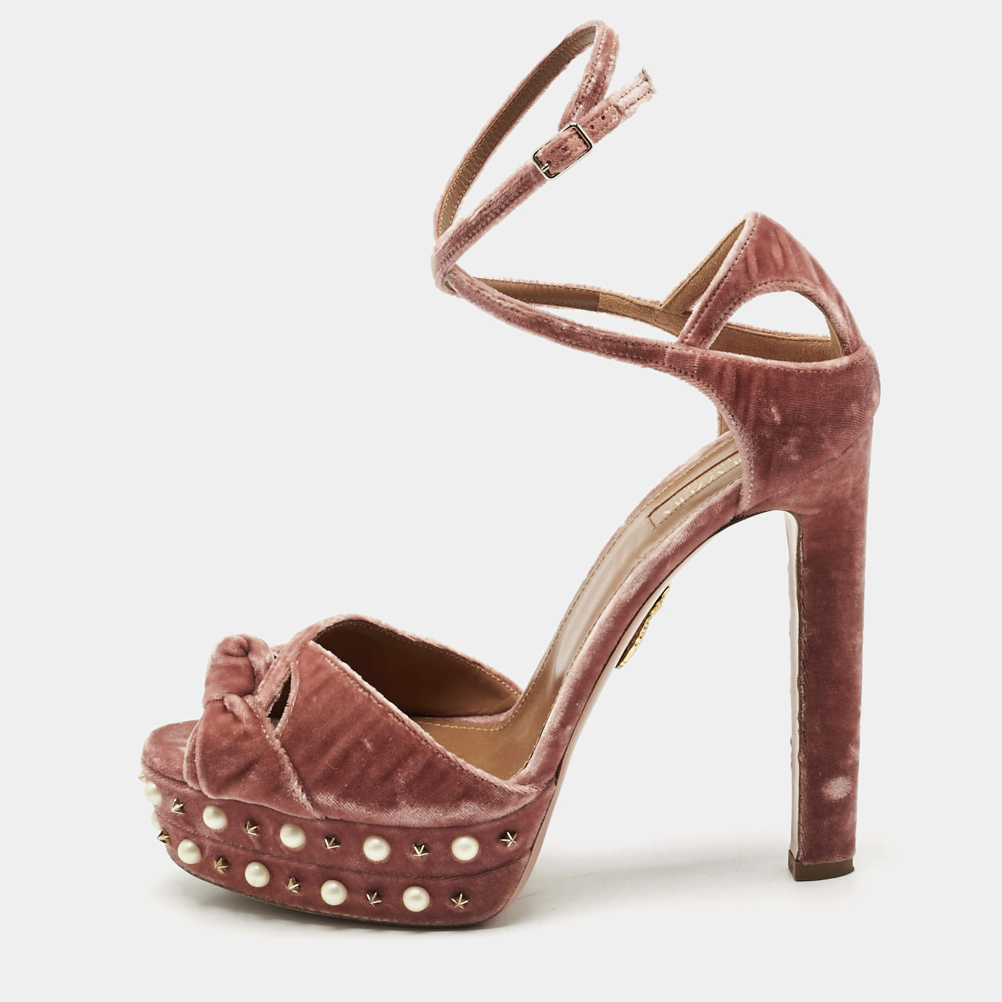 Pre Owned Aquazzura Pink Velvet Mira Embellished  Platform Ankle Strap Sandals Size 41