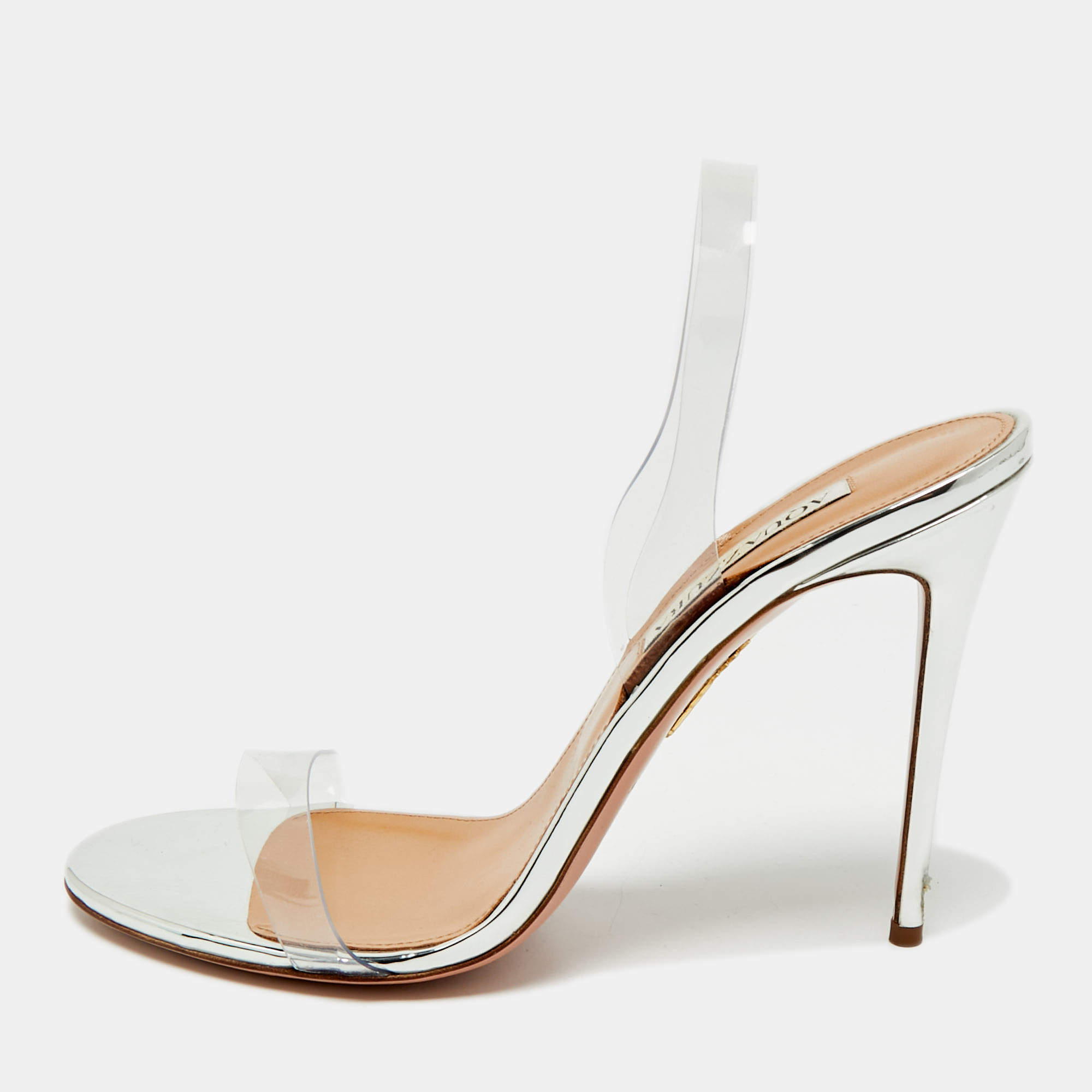 Pre Owned Aquazzura Silver PVC So Nude Slingback Sandals Size 40