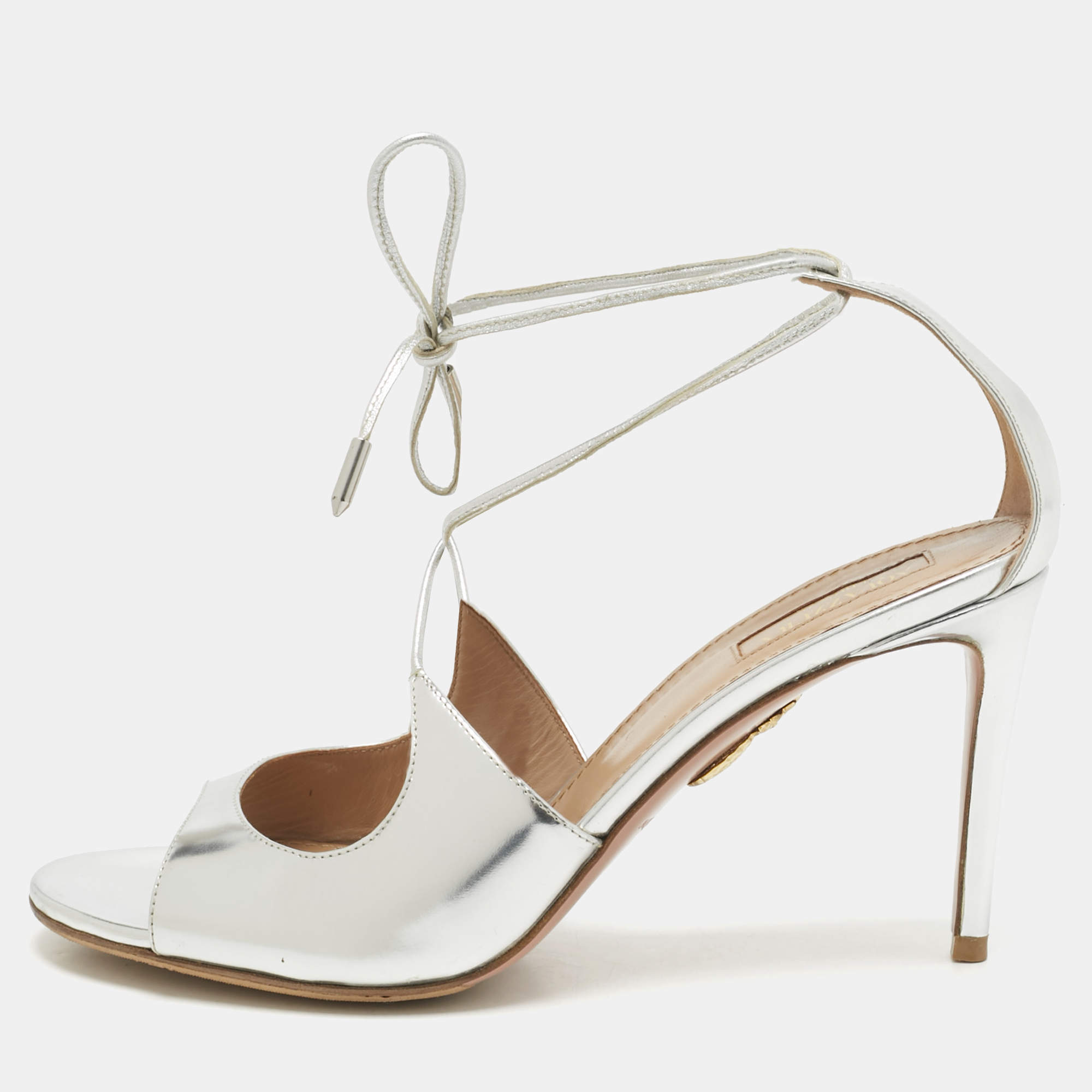Pre Owned Aquazzura Silver Leather Sofia Ankle Wrap Sandals Size 39