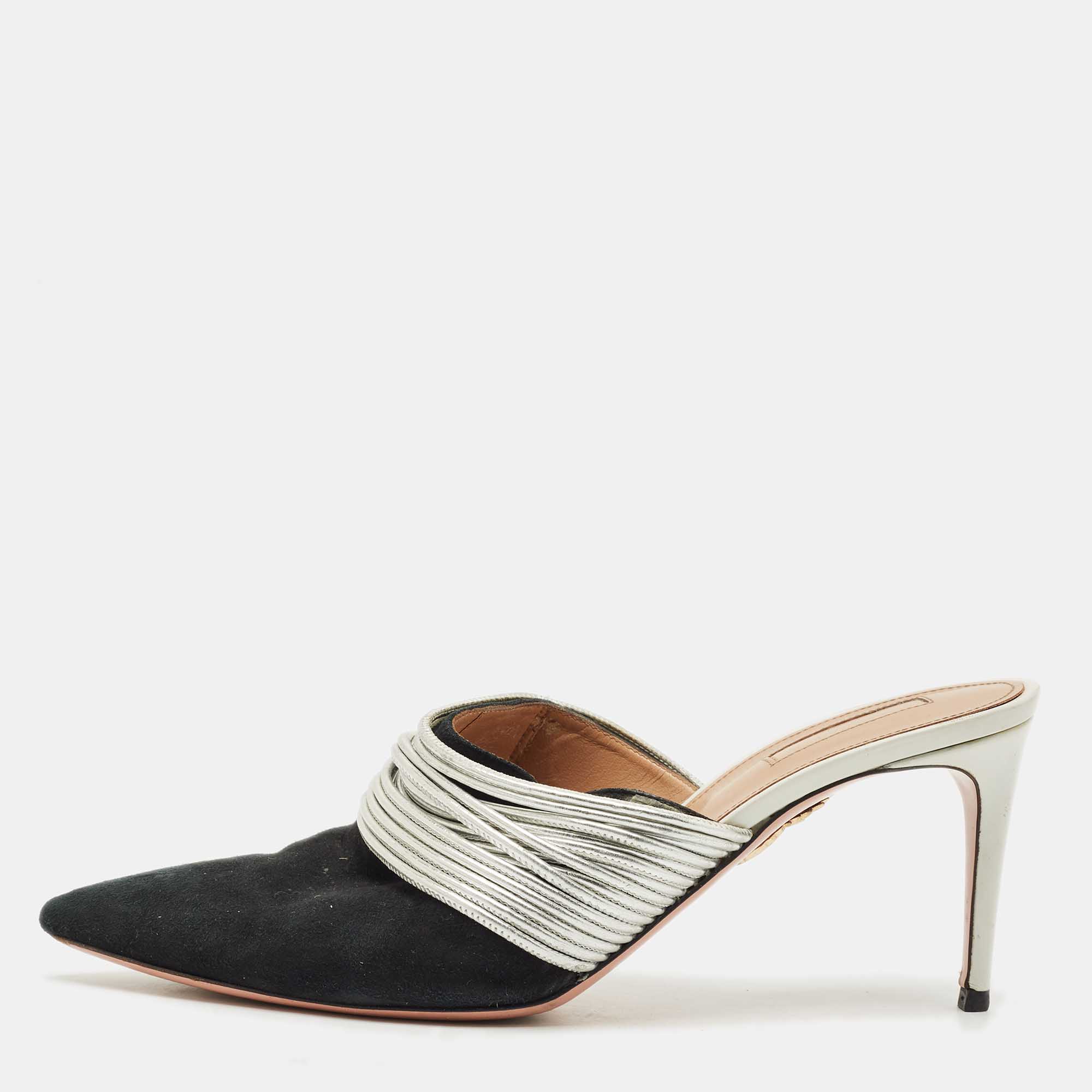Pre Owned Aquazzura Black/Silver Suede and Leather Rendez Vous Mules Size 42