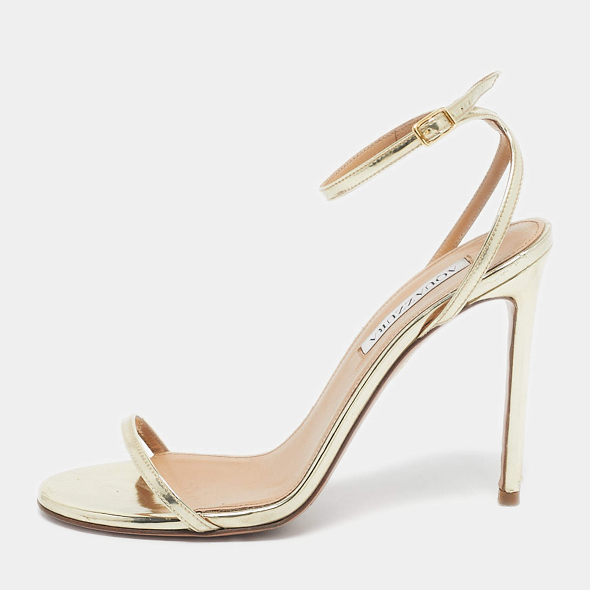 Pre Owned Aquazzura Gold Patent Leather Olie Ankle Strap Sandals Size 38
