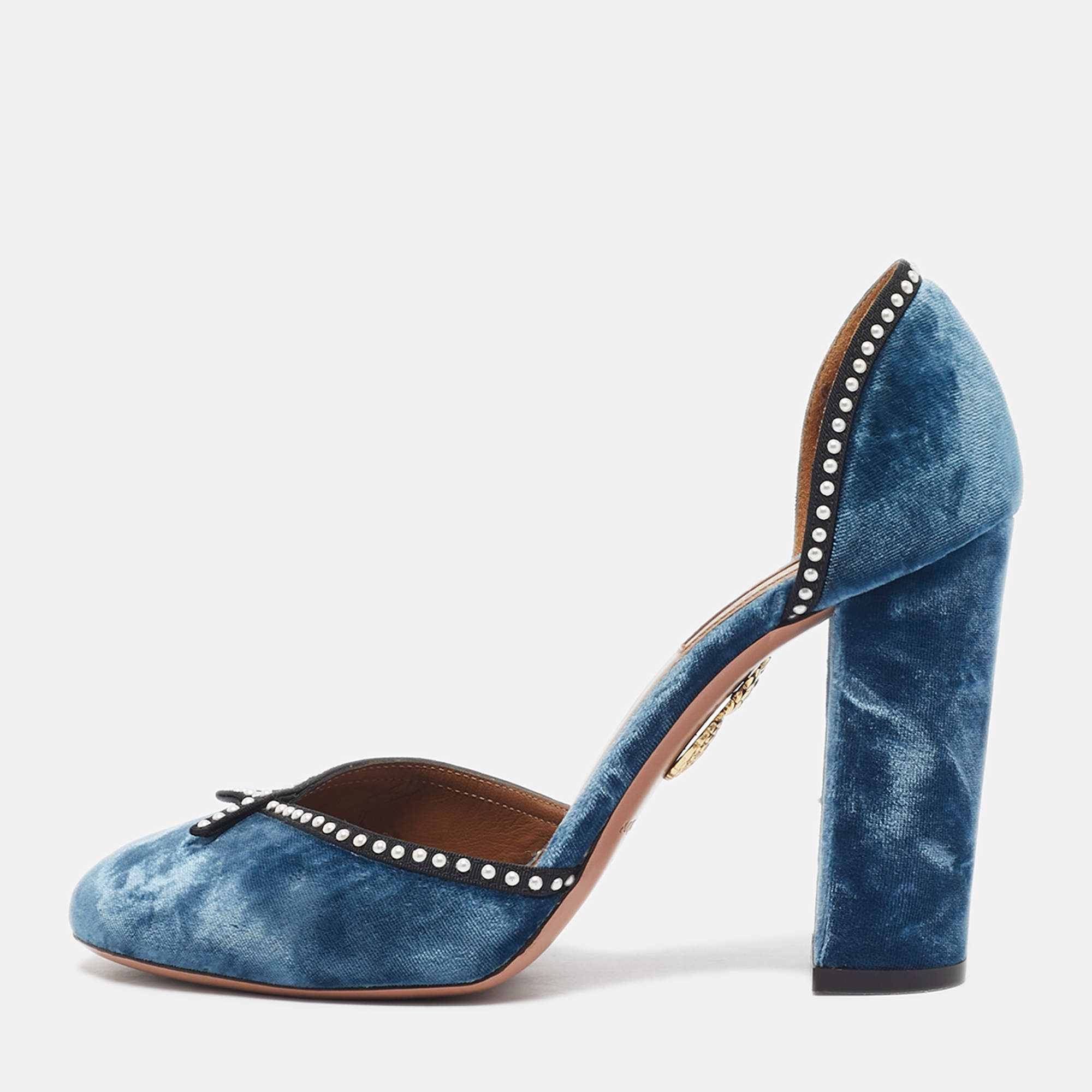 Pre Owned Aquazzura Blue Velvet Embellishment Block Heel D'orsay Pumps Size 37
