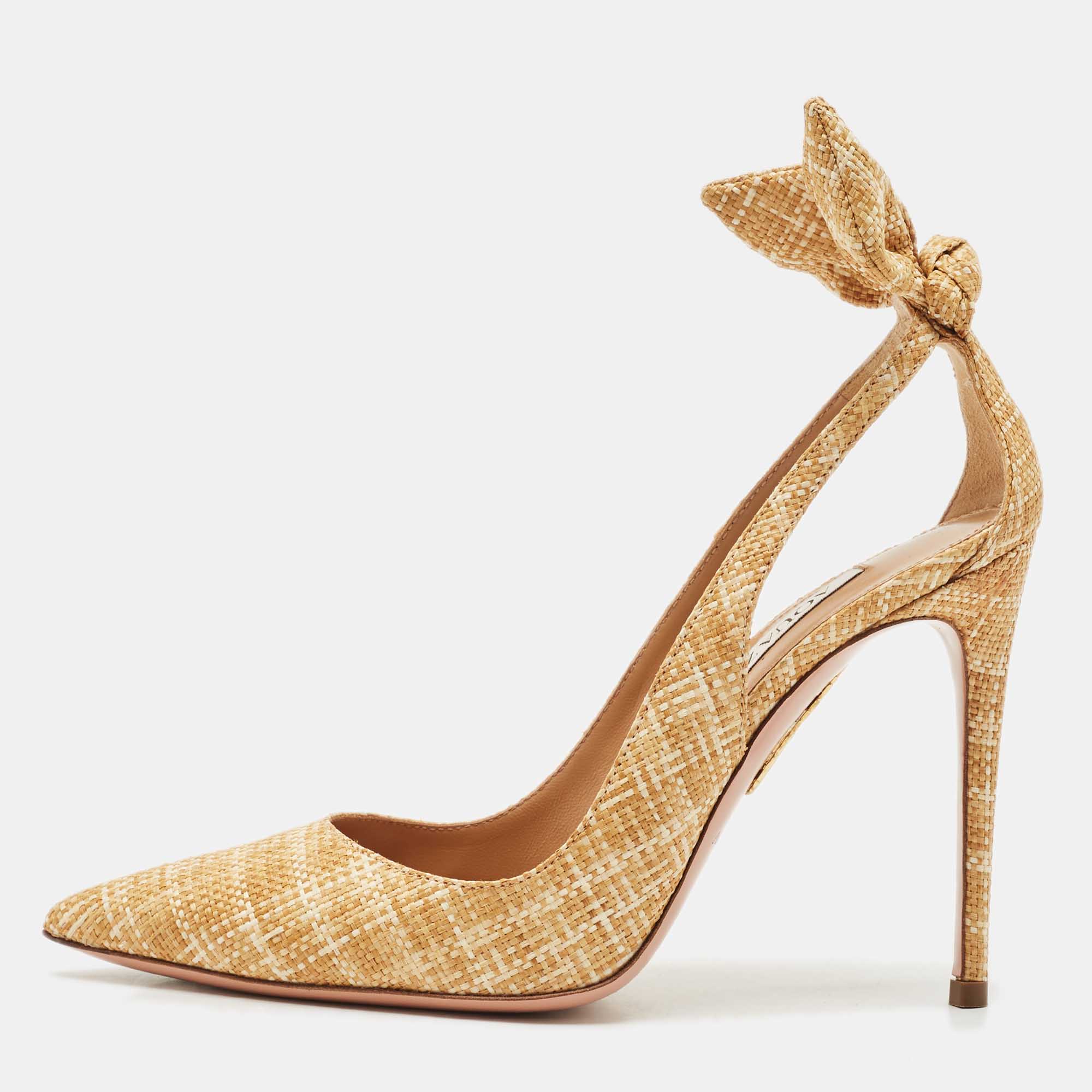 Pre Owned Aquazzura Beige Woven Raffia Bow Tie Pumps Size 35