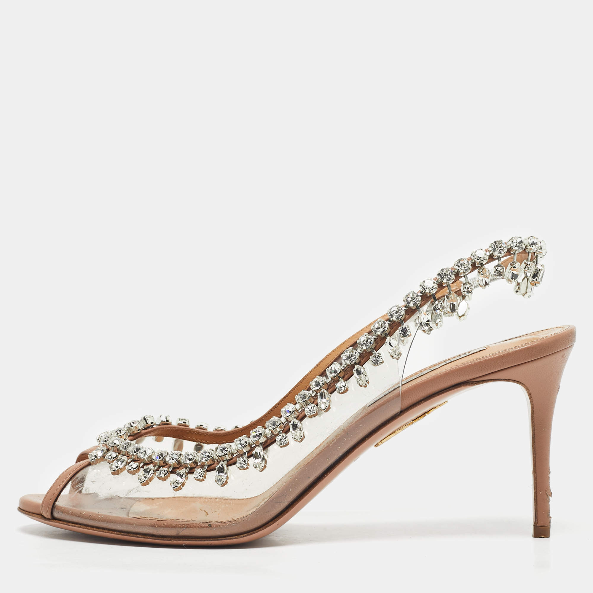 Pre Owned Aquazzura Beige/Transparent PVC And Leather Temptation Crystal Pumps Size 39.5