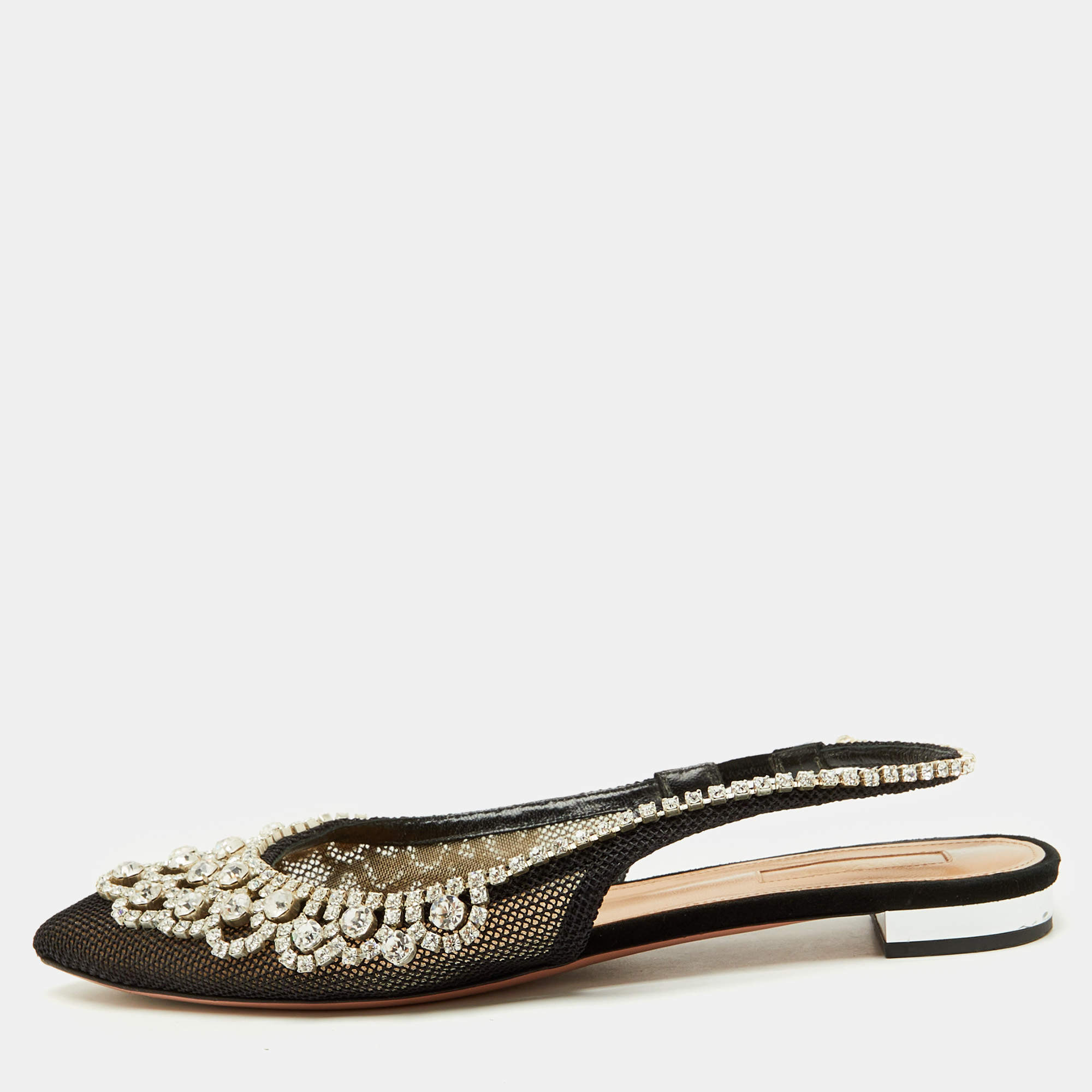 Pre Owned Aquazzura Black Mesh Crystal Embellished Marahani Slingback Flats Size 38