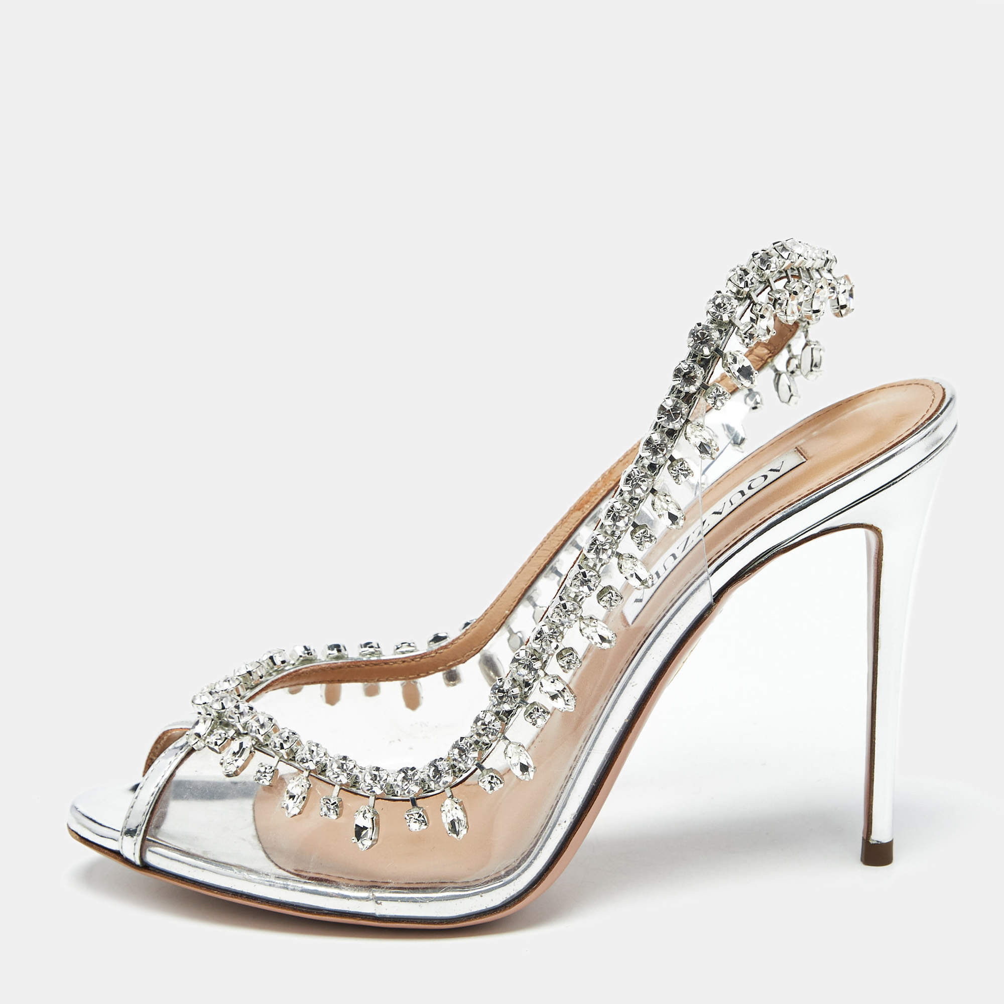 Pre Owned Aquazzura Silver PVC and Leather Temptation Peep Toe Pumps Size 38.5