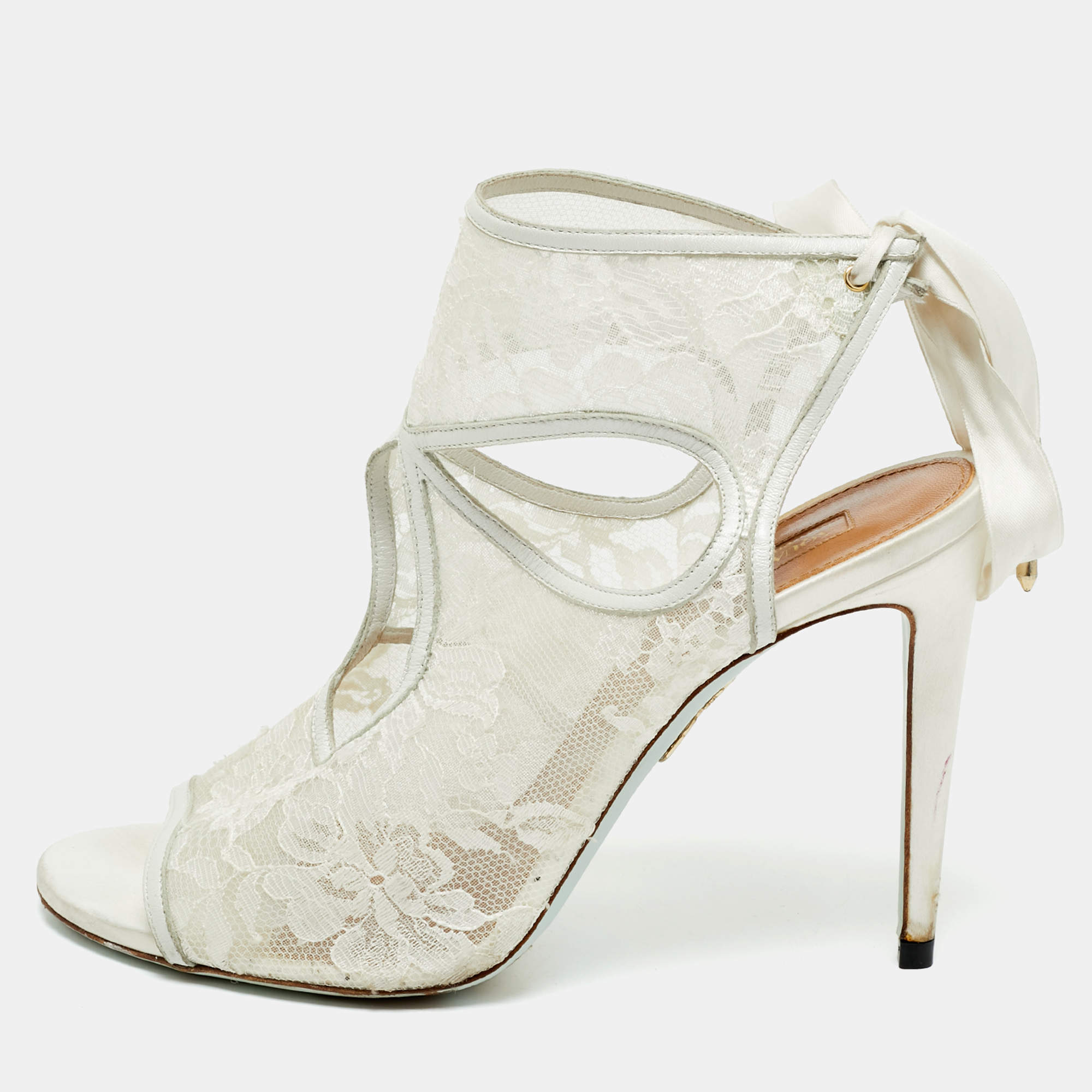 Pre Owned Aquazzura White Lace and Satin Sexy Thing Bridal Cut Out  Ankle Wrap Sandals Size 40.5