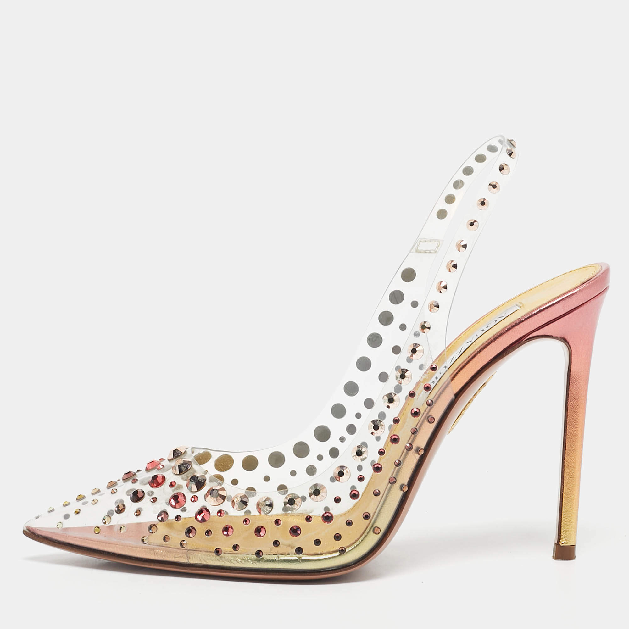 Pre Owned Aquazzura Transparent PVC Crystal Embellished Slingback Pumps Size 38.5