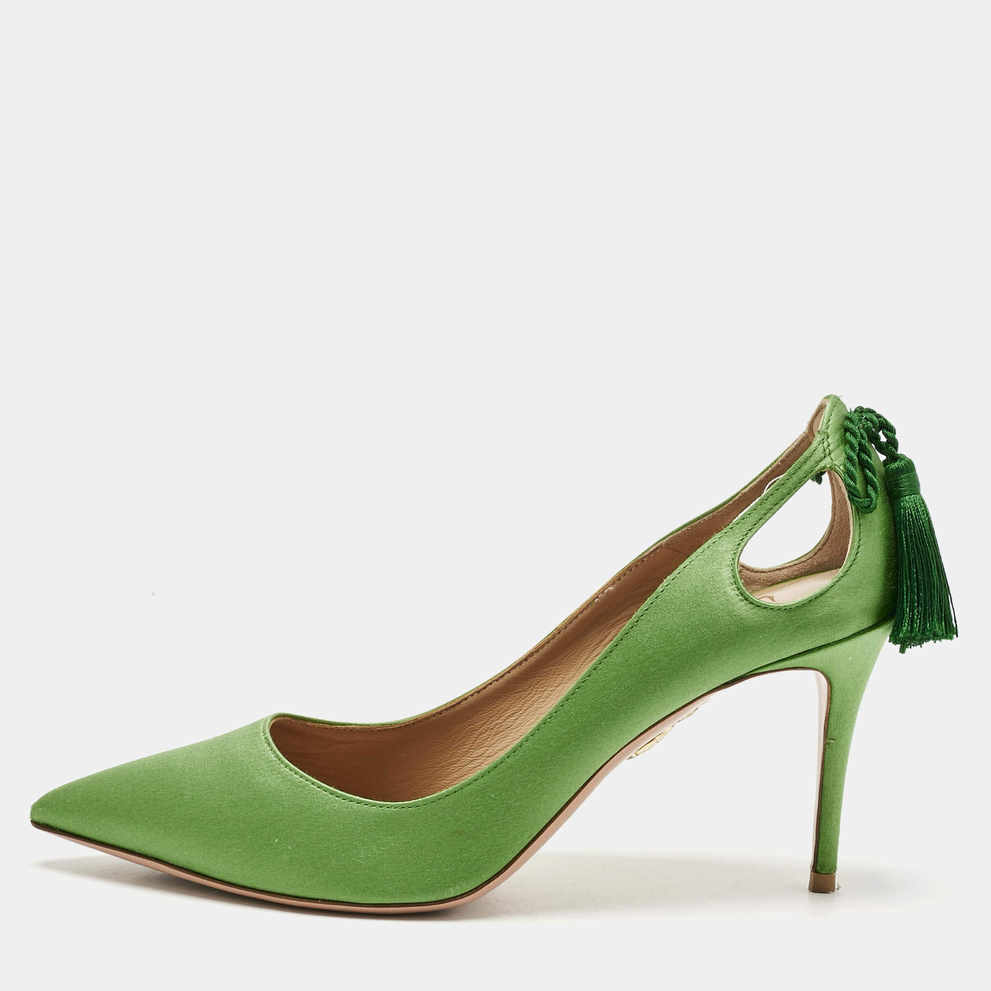 Pre Owned Aquazzura Green Satin Forever Marilyn Pumps Size 38