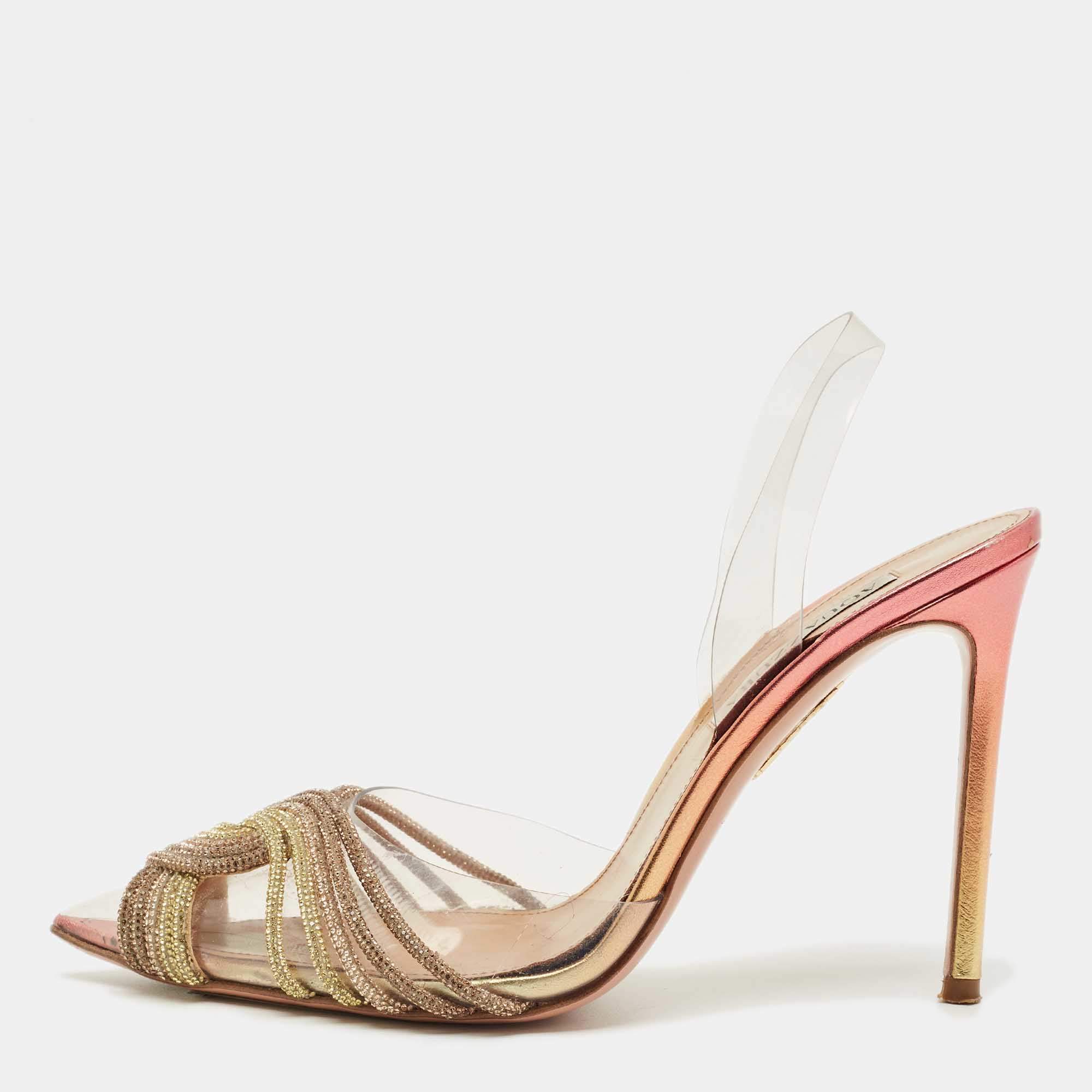 Pre Owned Aquazzura Transparent PVC Crystal Embellished Gatsby Slingback Pumps Size 38.5