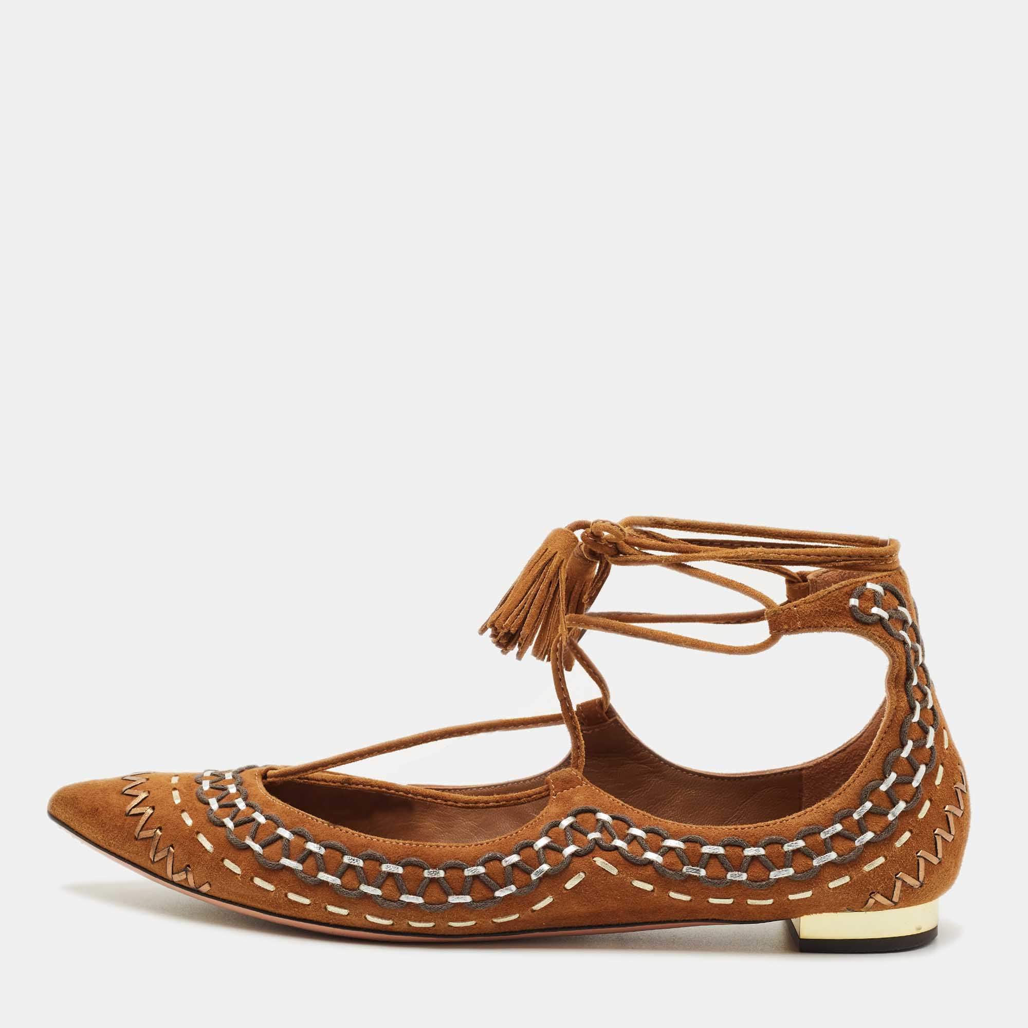 Pre Owned Aquazzura Brown Suede Ankle Wrap Ballet Flats Size 38.5