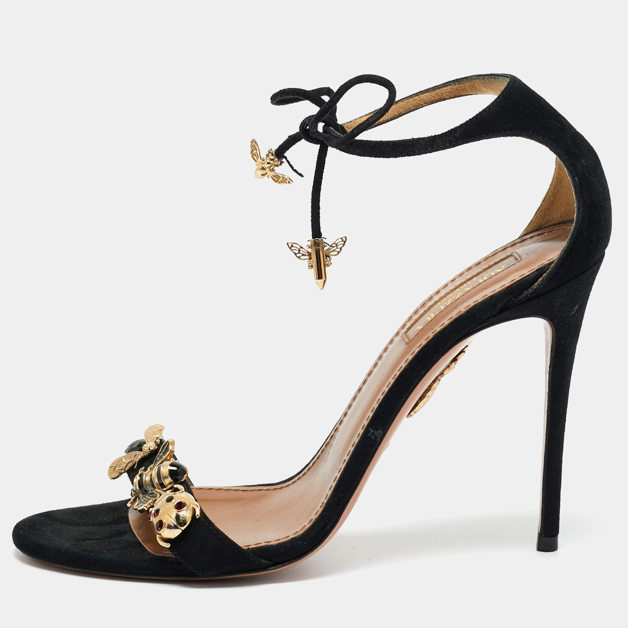 Pre Owned Aquazzura Black Suede Bees Embellished Ankle Strap Sandals Size 37