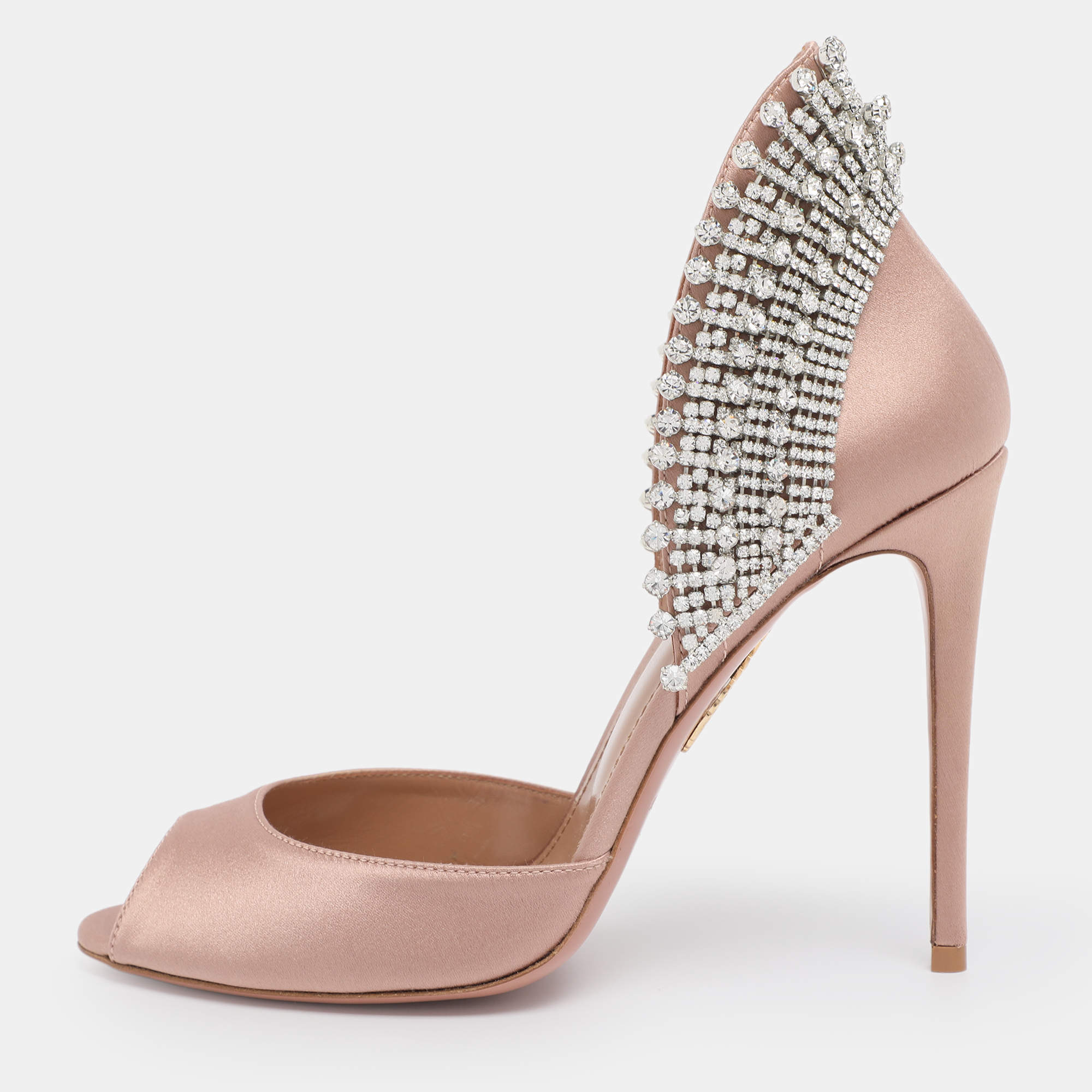 Pre Owned Aquazzura Nude Pink Satin Crystal Embellished Concorde D'orsay Pumps Size 38.5